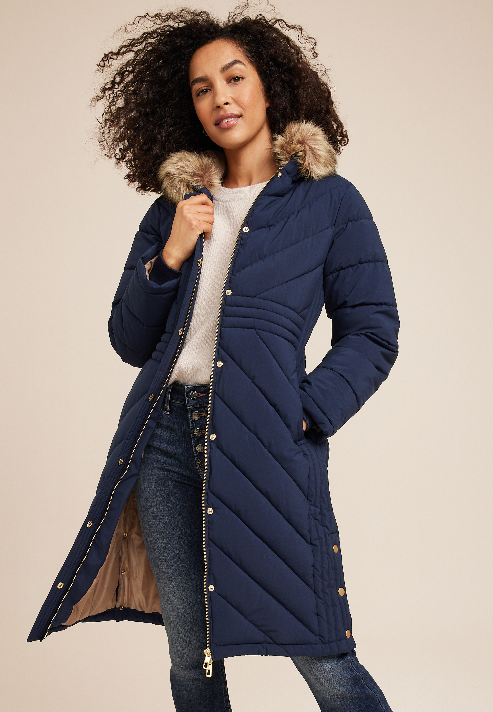 Faux Fur Hooded Longline Puffer Coat maurices