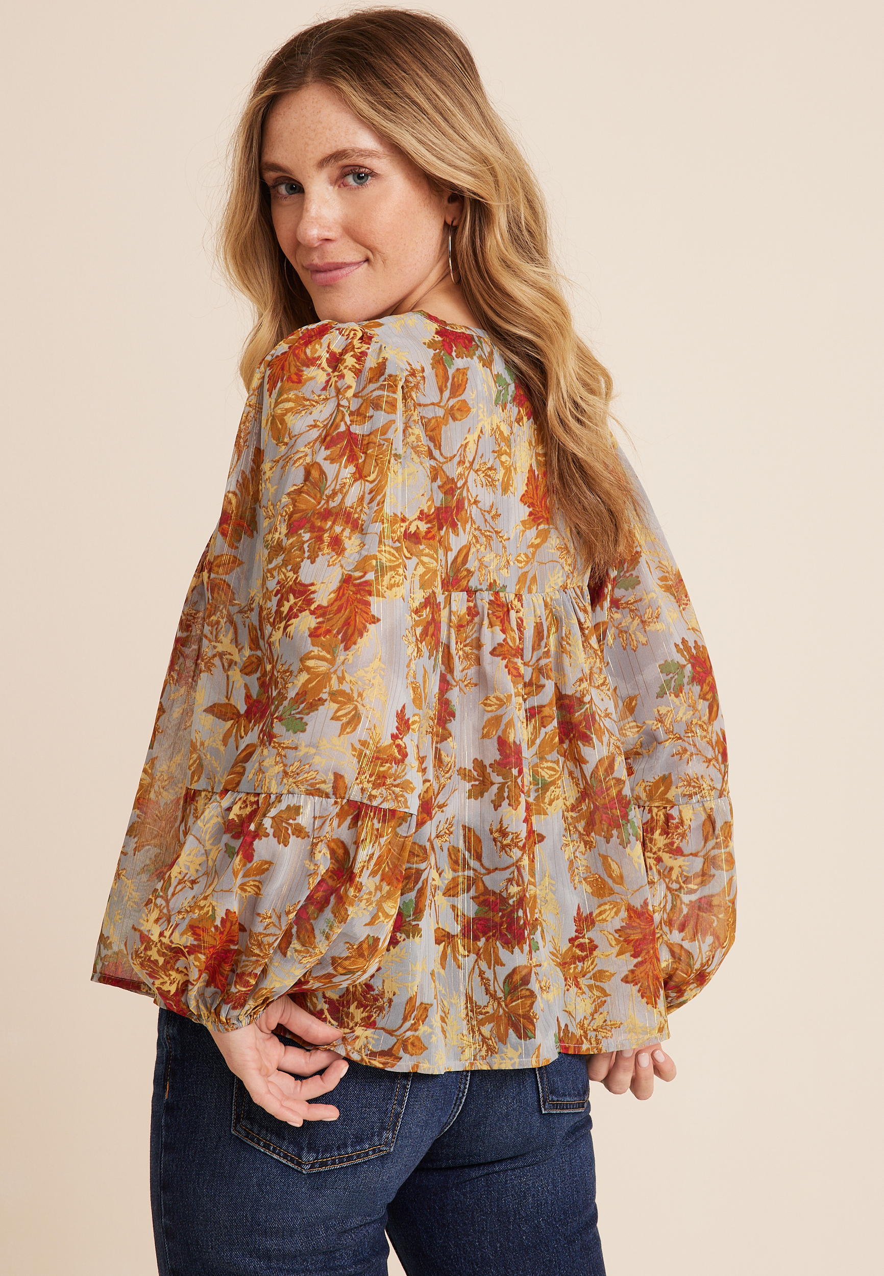 Plus Size Metallic Floral Blouson Sleeve Top