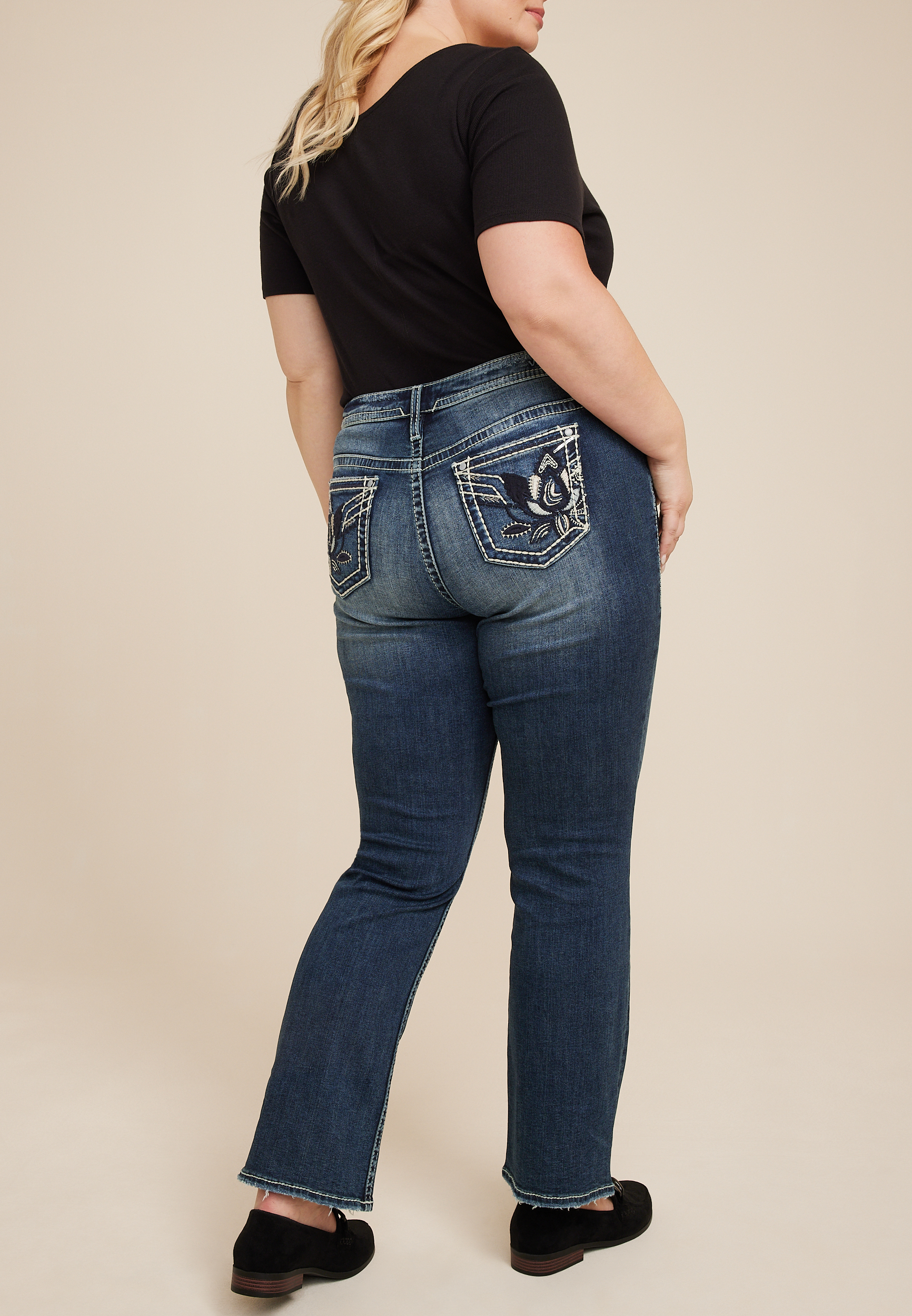 Plus Size Vigoss® Slim Boot Embroidered Lotus Flower Pocket Mid Rise Jean