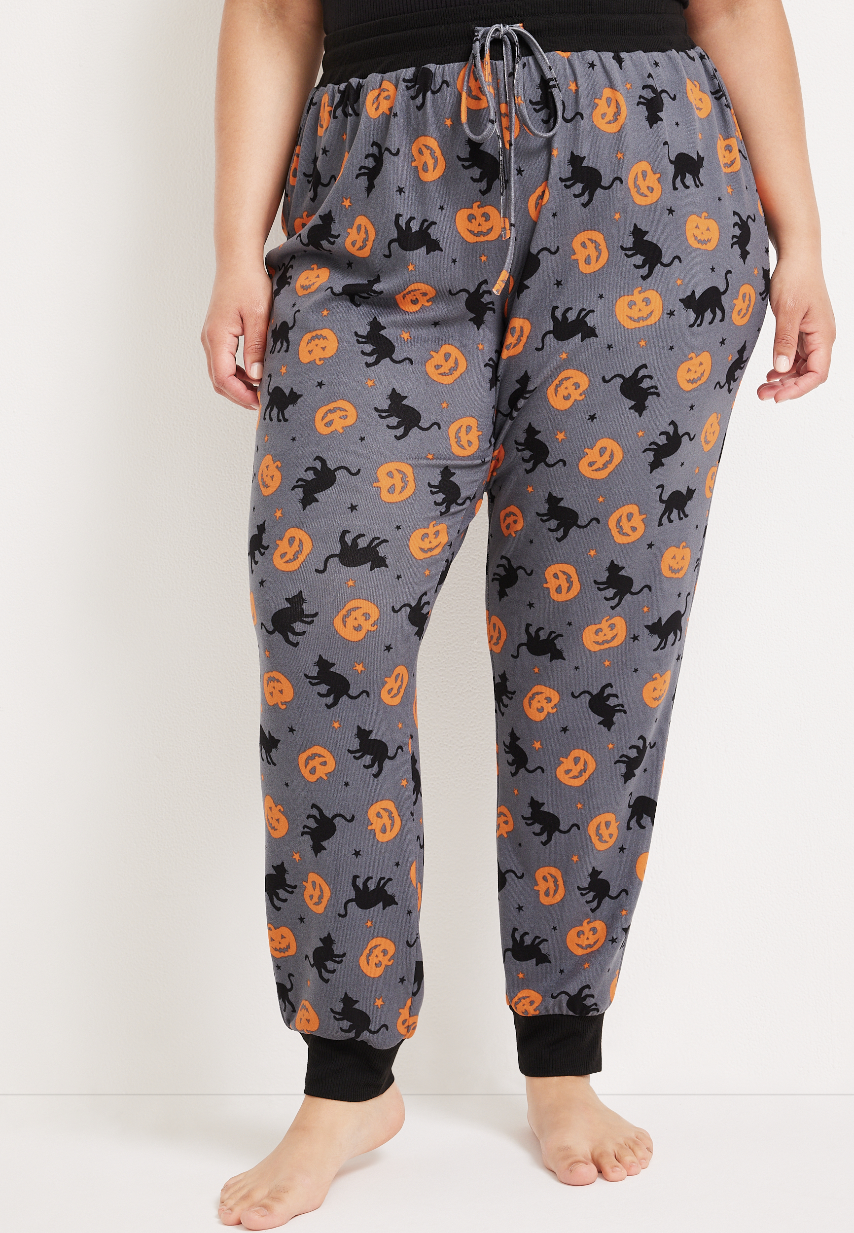 Plus Size Halloween Cat and Pumpkin Drawstring Pajama Jogger