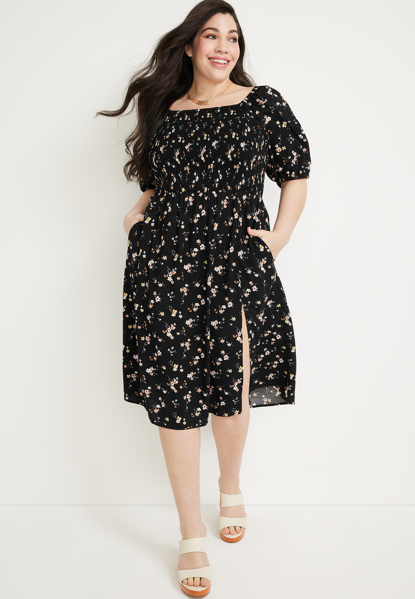 Plus Size Floral Puff Sleeve Midi Dress