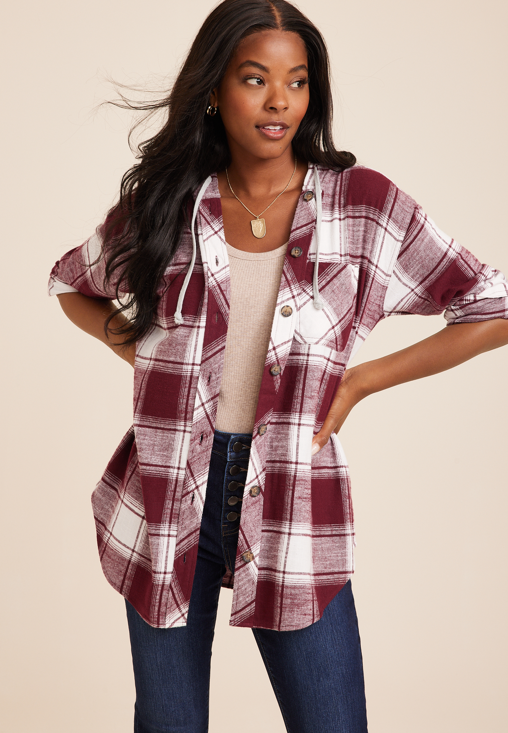 Cabin Plaid Hooded Boyfriend Tunic Shirt | maurices