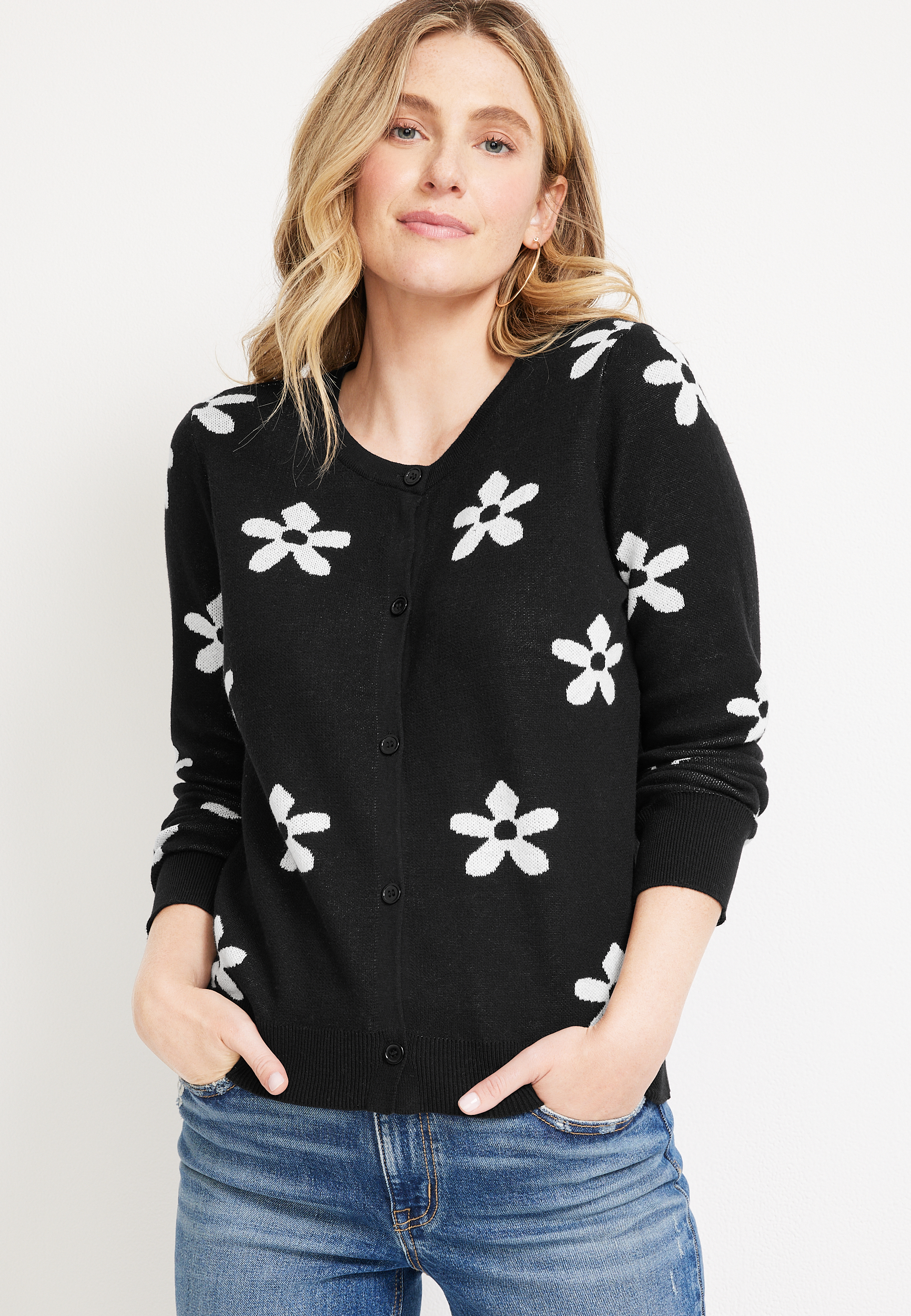 Black Flower Button Long Sleeves Loose Cardigan