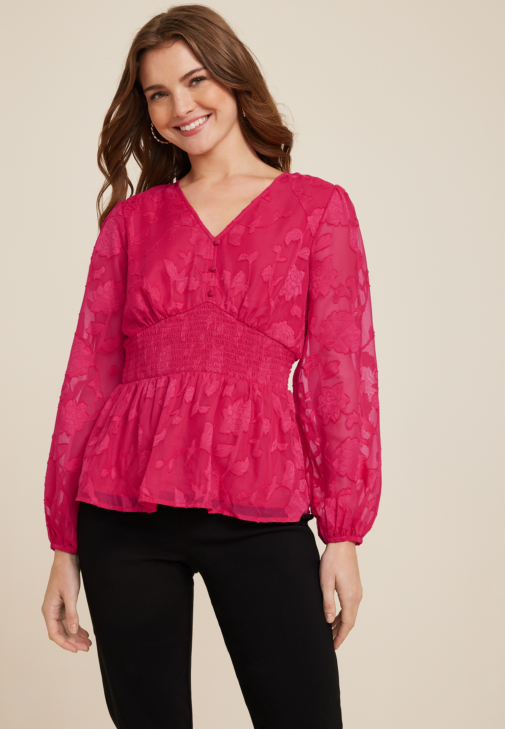 Pink Floral Jacquard Button Front Peplum Blouse