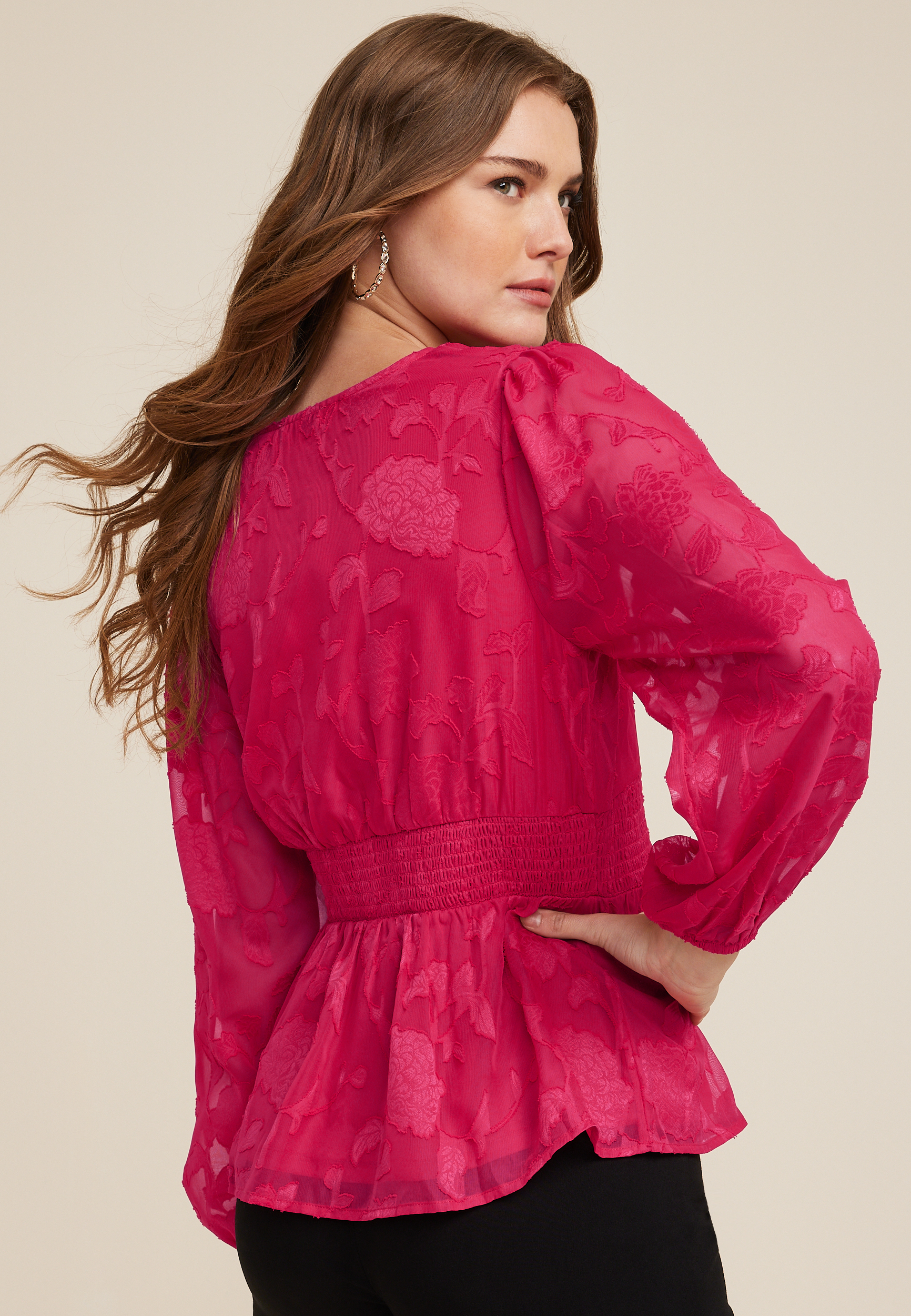 muguet ripple sheer peplum blouse Pink-
