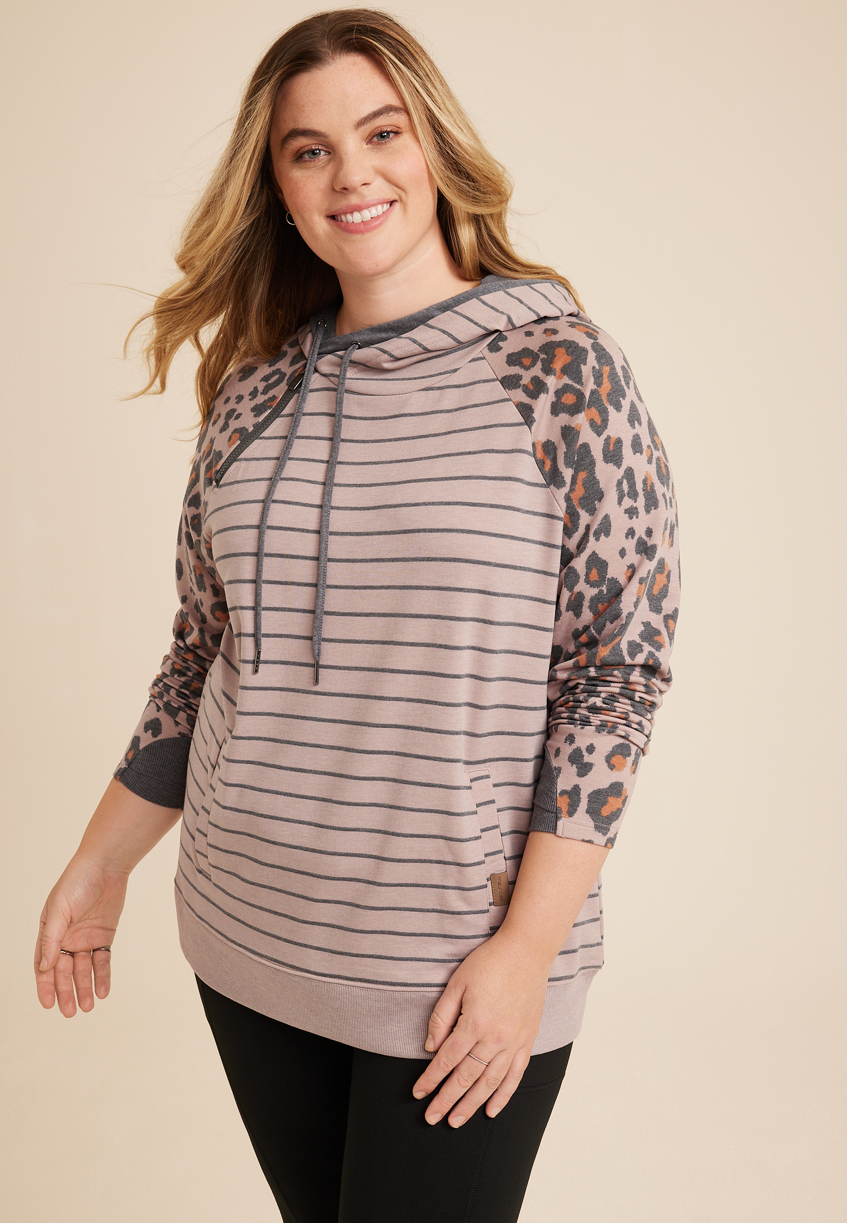 Plus Size Homeward Leopard Sleeve Fleece Hoodie