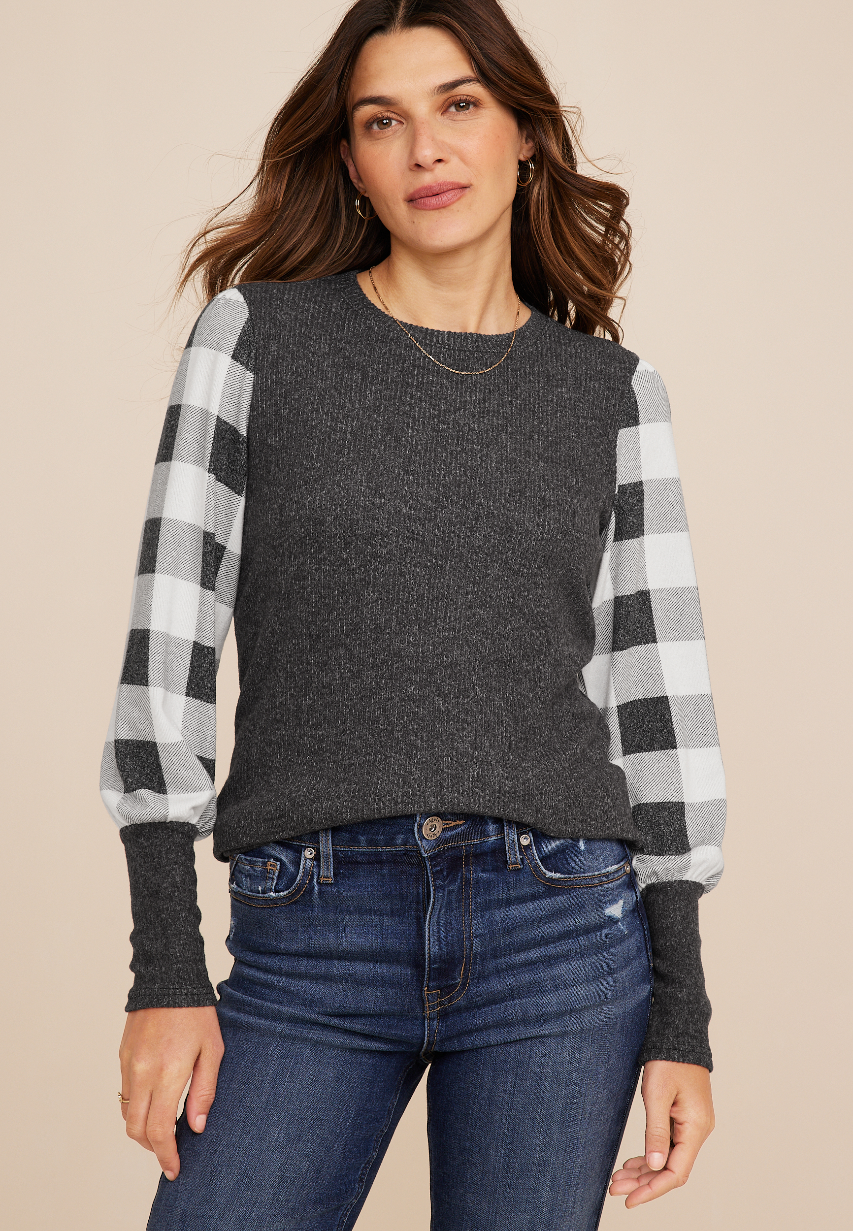 Blouson Plaid Sleeve Mixer Tee | maurices