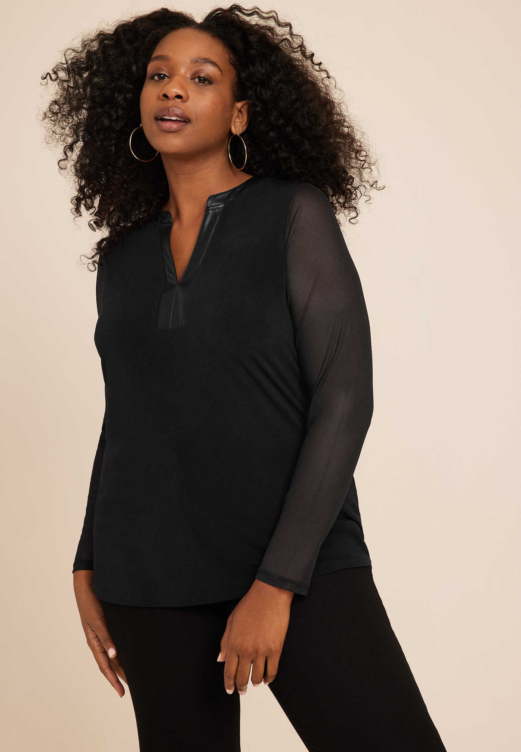 Plus Size Black Mesh Sleeve Faux Leather Top in 2023