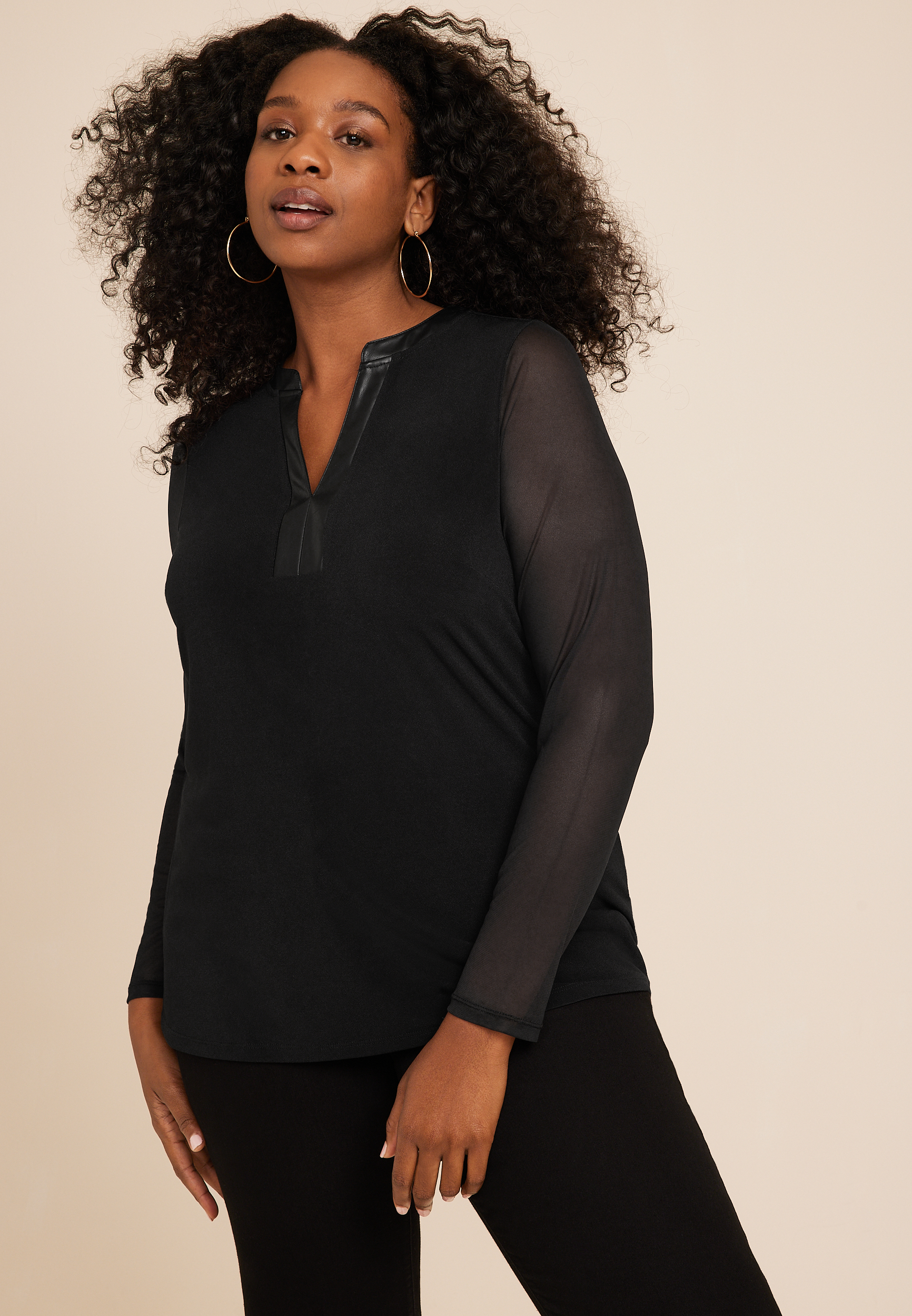 Plus Size Black Mesh Sleeve Faux Leather Top