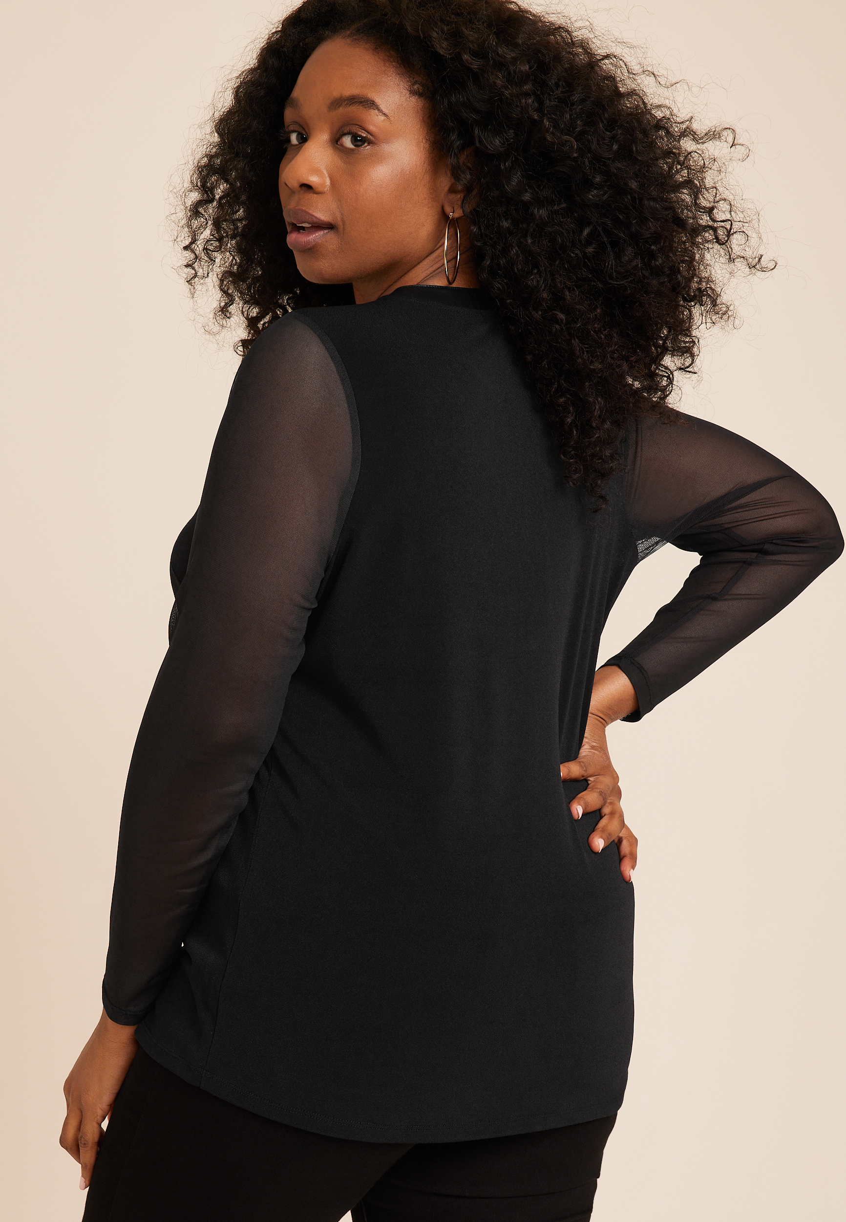Plus Size Black Mesh Sleeve Faux Leather Top