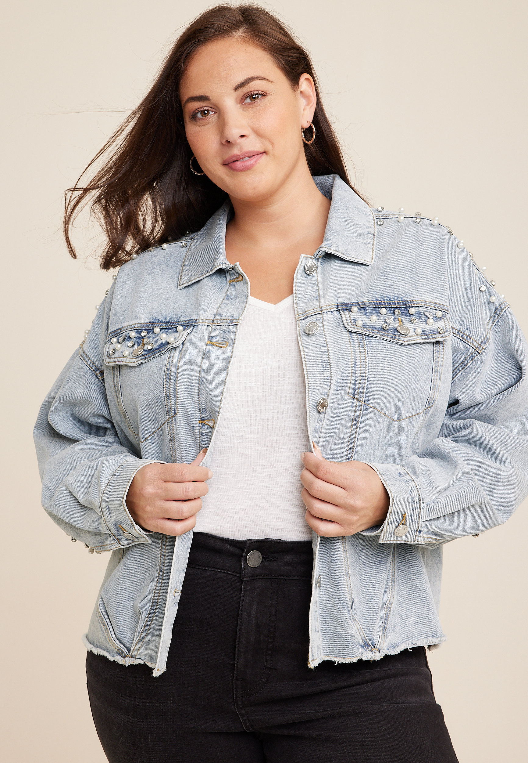 Plus Size Embroidered Pearl Studded Denim Jacket