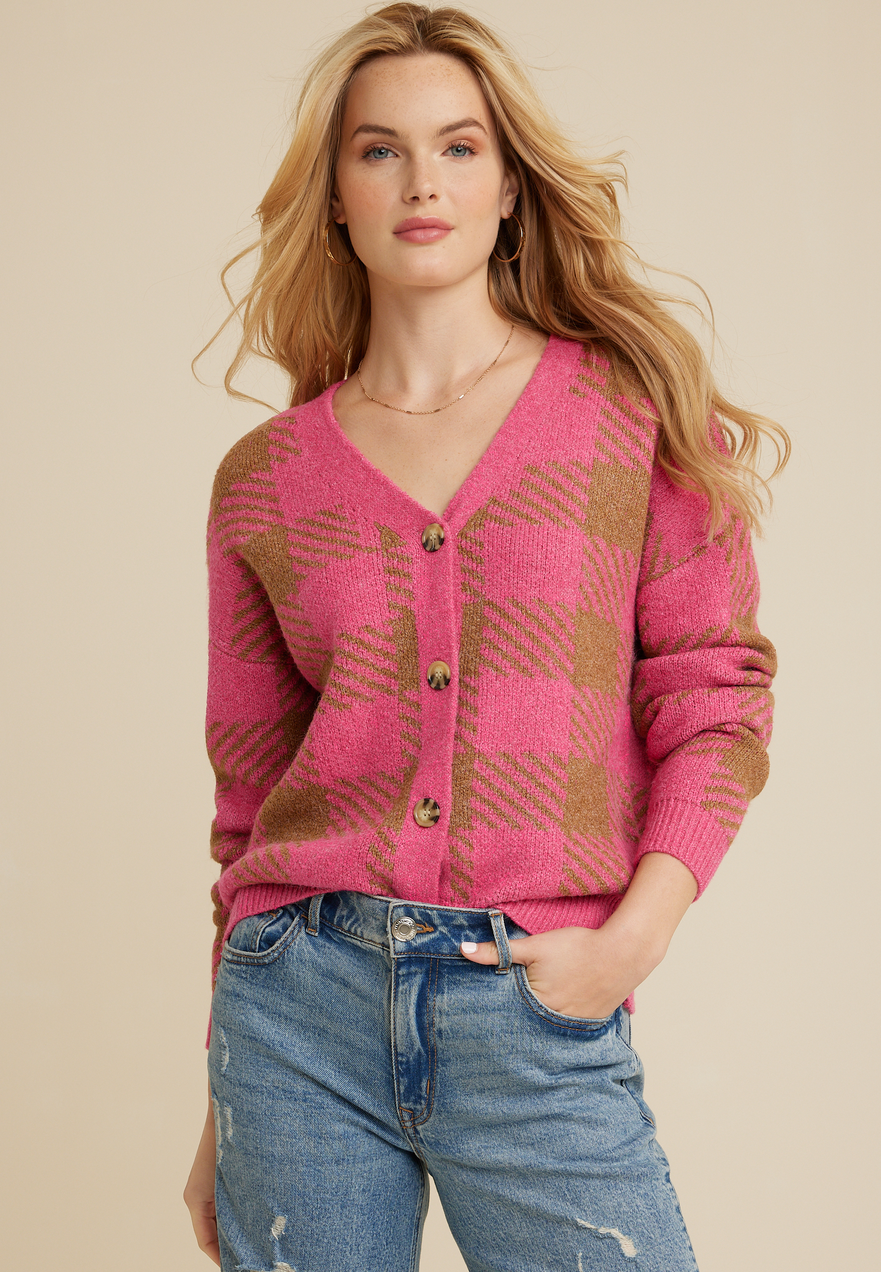 Pink button up online cardigan sweater