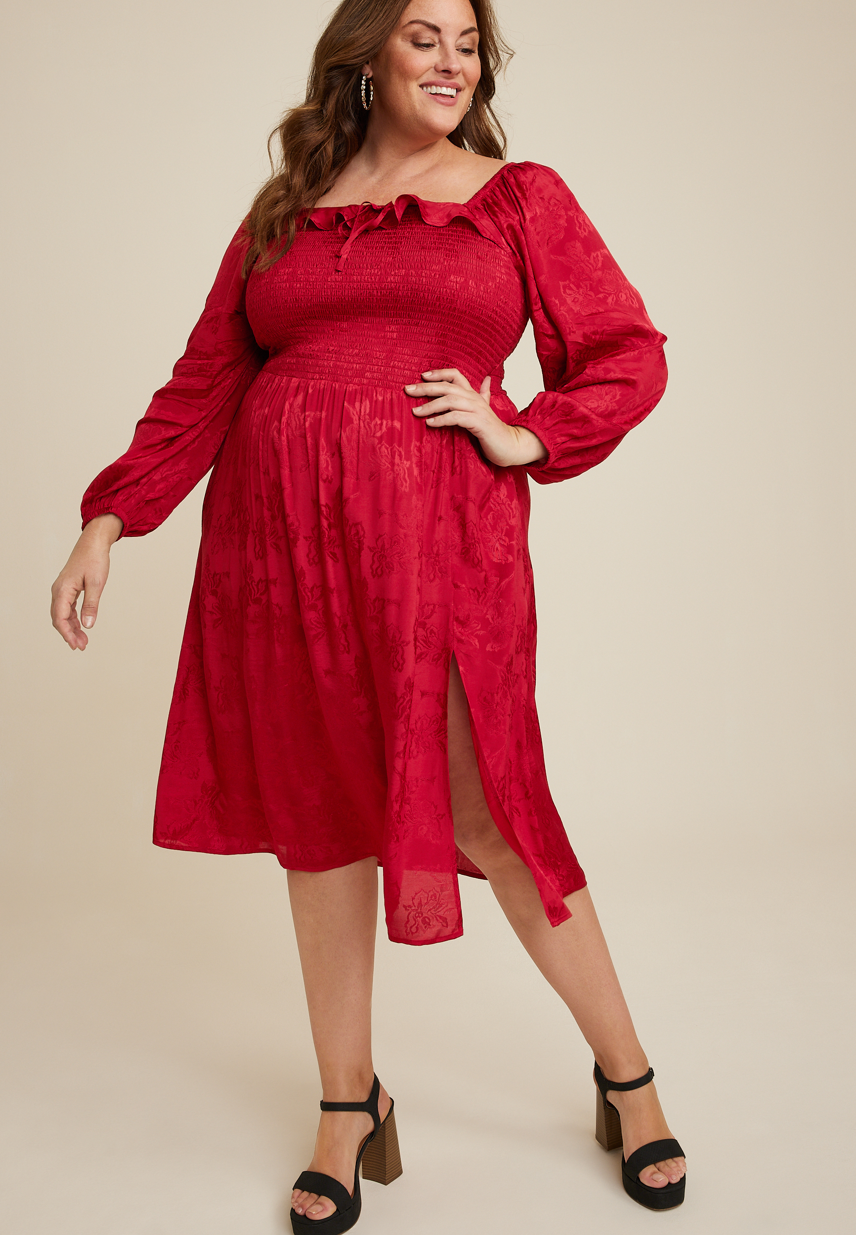 Plus Size Red Floral Jacquard Midi Dress maurices