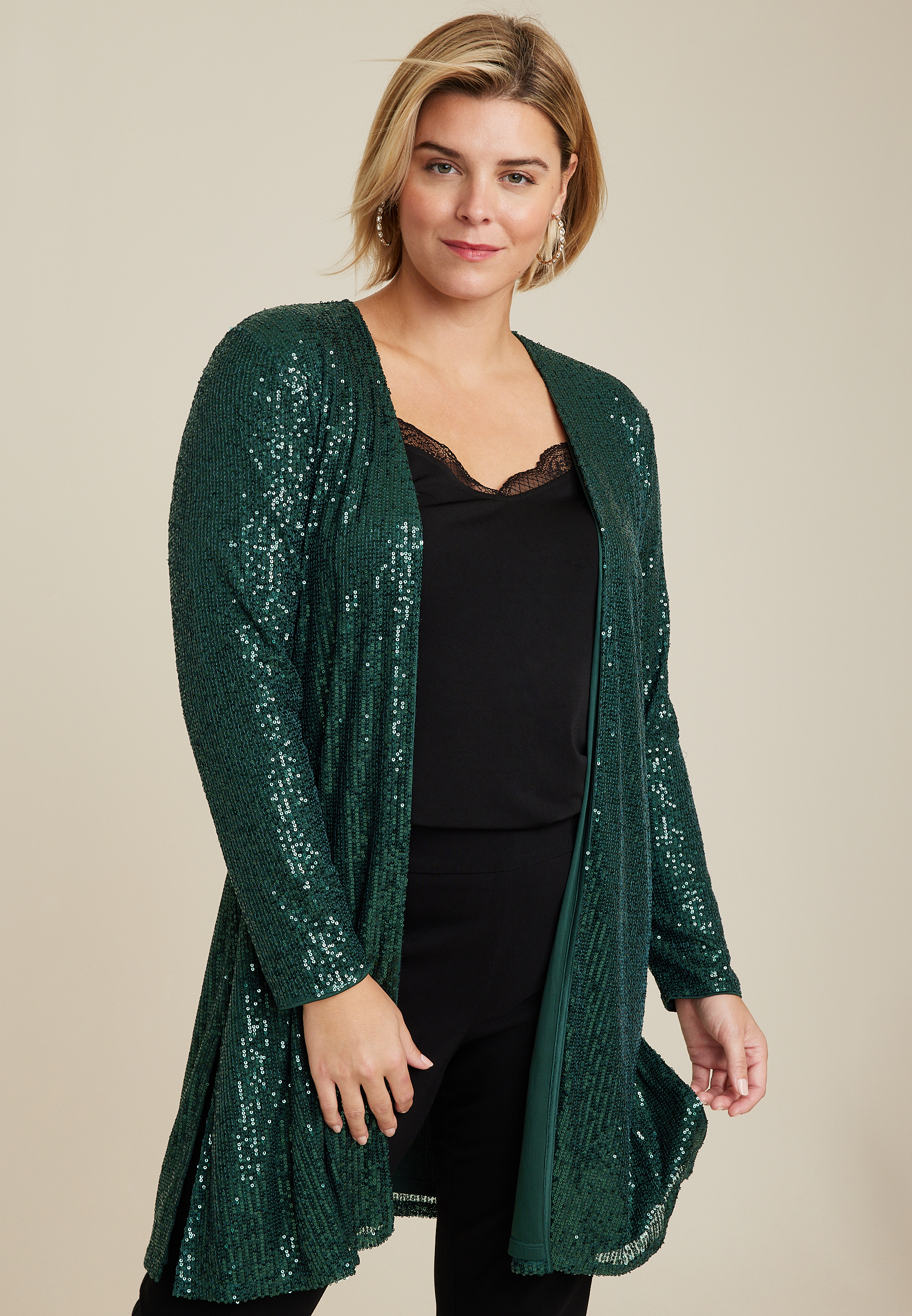 Plus Size Green Sequin Duster Cardigan