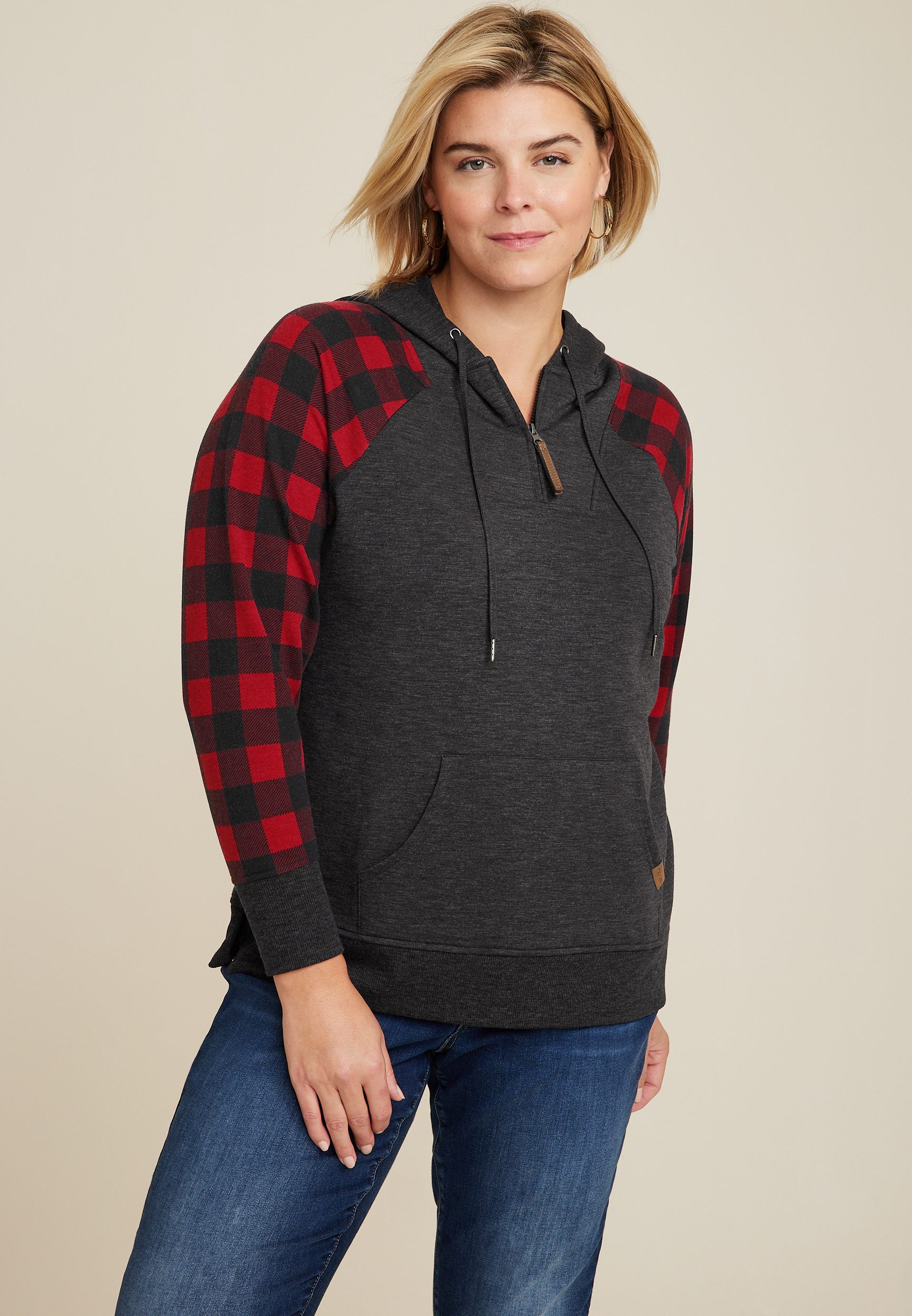 Plus Size Homeward Buffalo Plaid Sleeve Fleece Hoodie