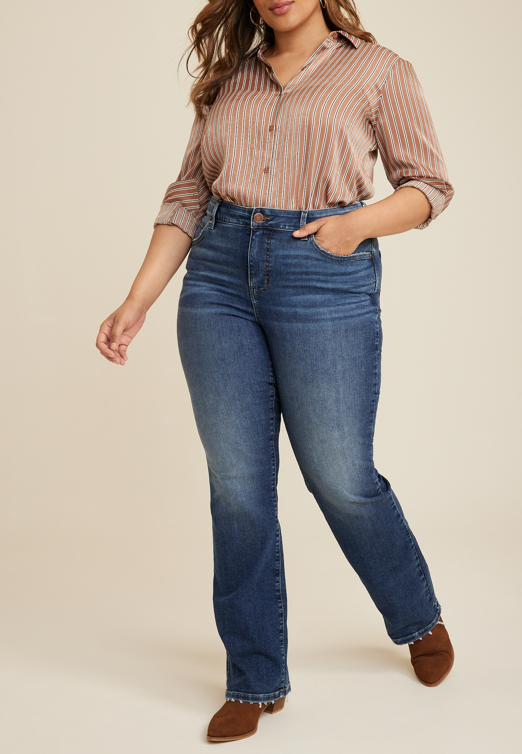 Plus Size m jeans by maurices™ Cool Comfort Crossover Pull On High Rise  Barely Boot Jean