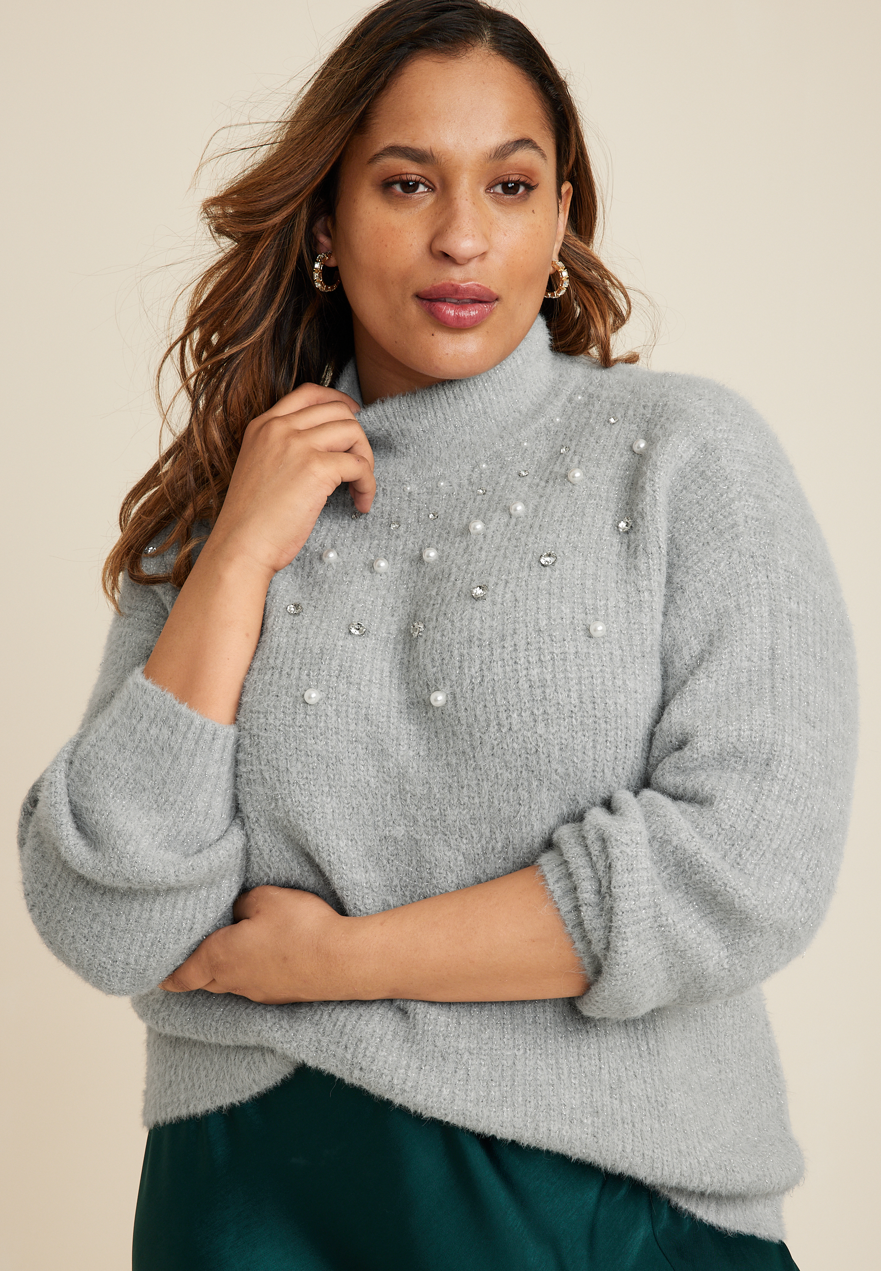 Plus Size Faux Pearl Embellished Mock Neck Sweater