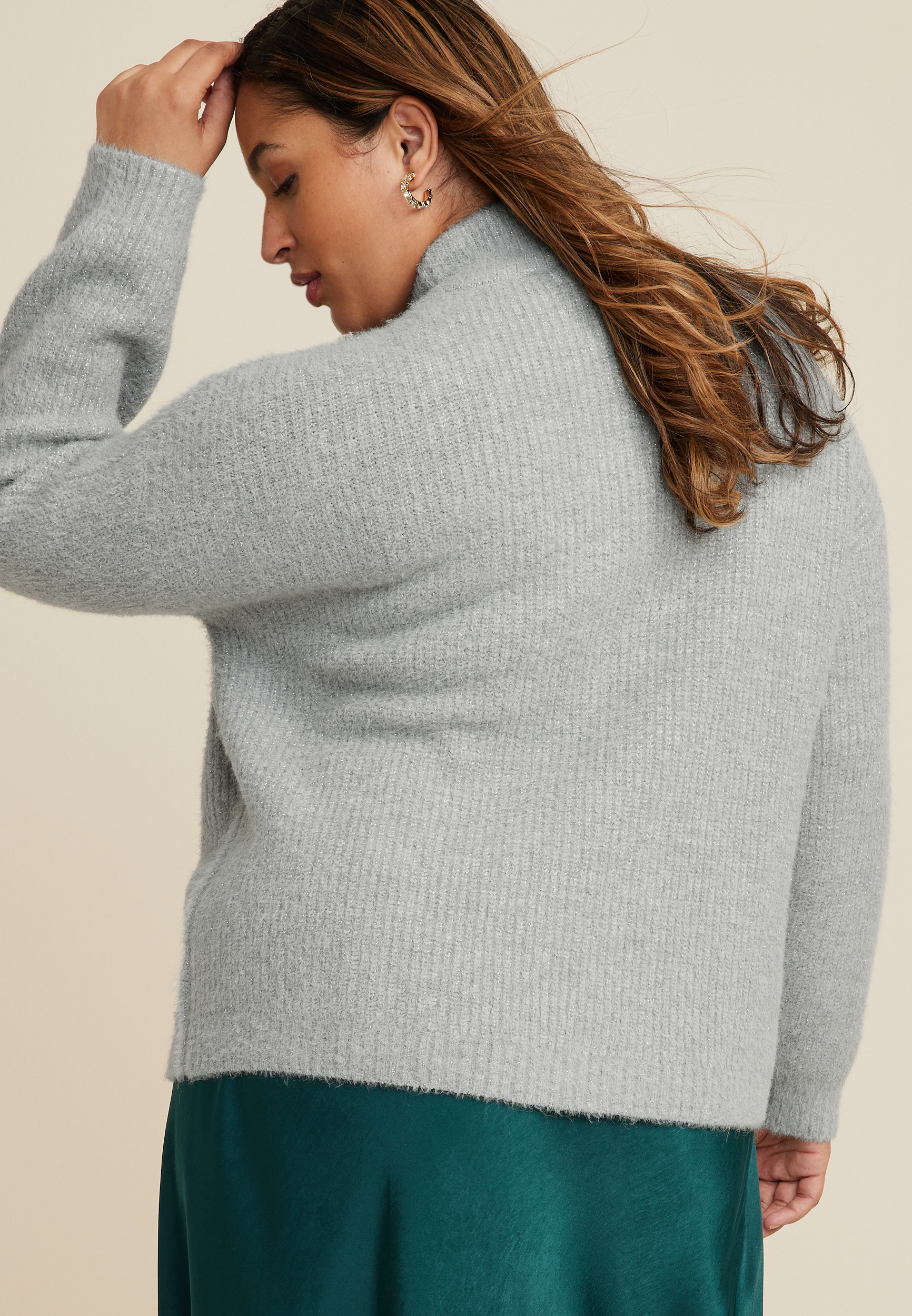 Plus Size Faux Pearl Embellished Mock Neck Sweater