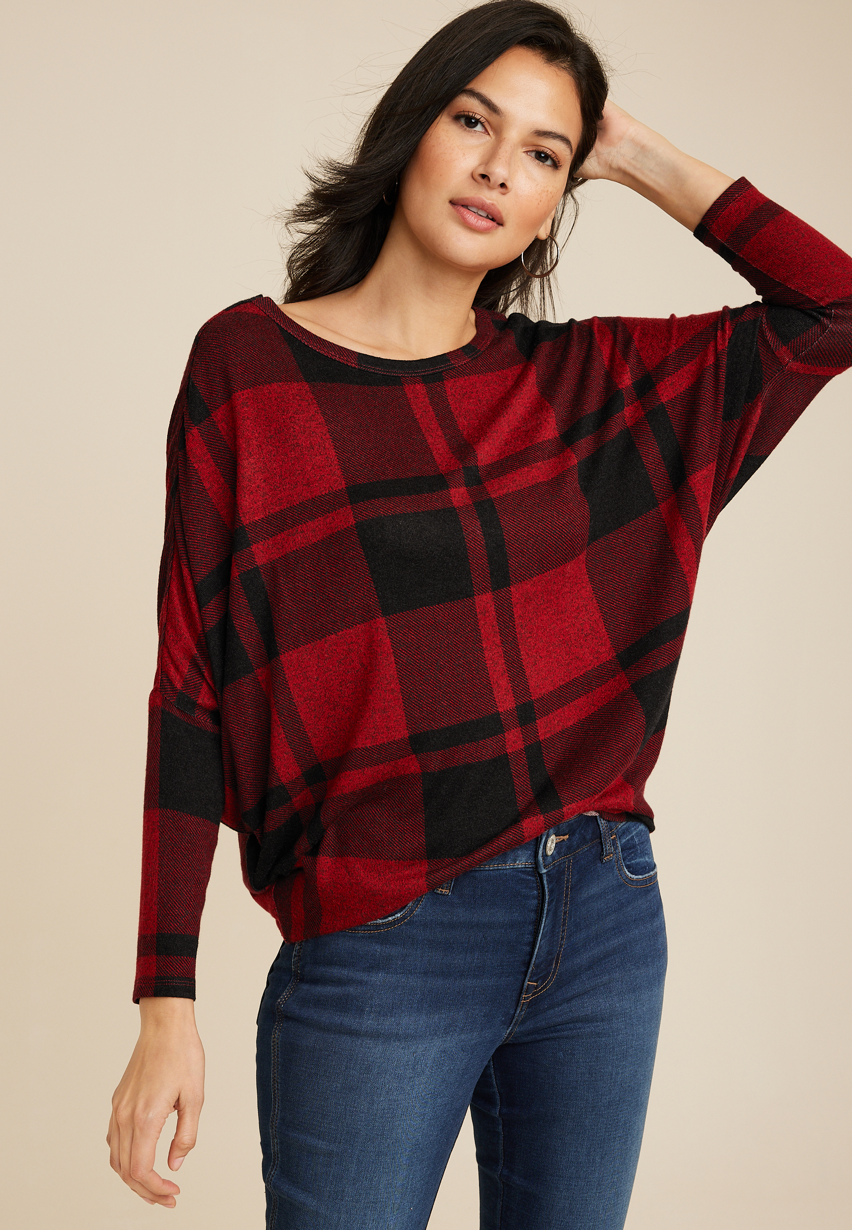 24 7 Dakota Buffalo Plaid Dolman Top maurices