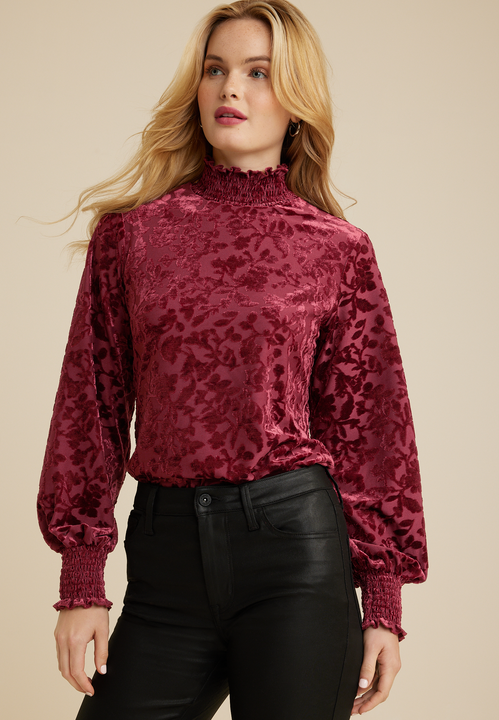 Velvet Floral Burnout Mock Neck Top