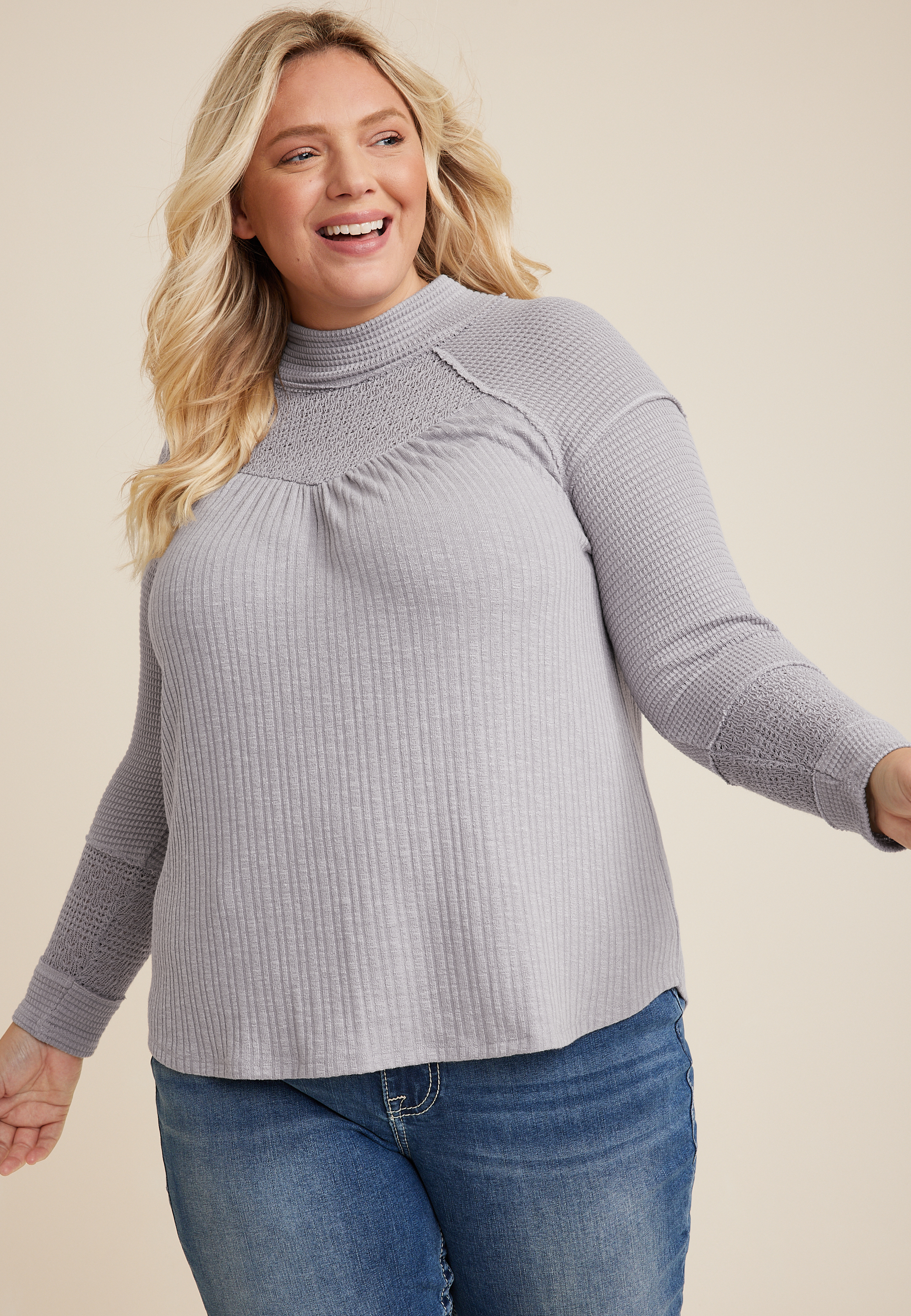 Plus Size Mixed Media Mock Neck Top