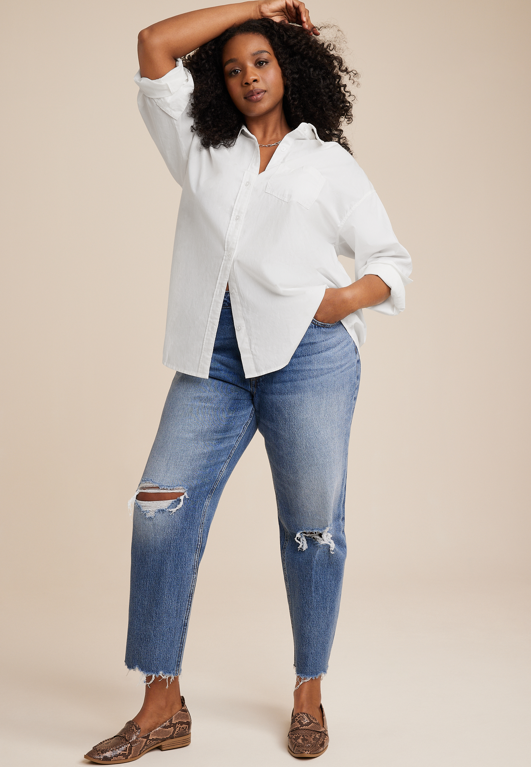 Plus Size White Cotton Button Up Shirt