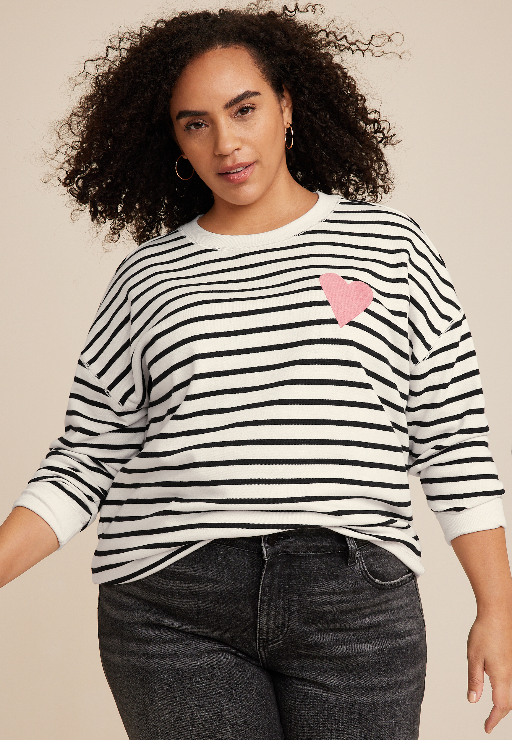 Plus Size Striped Heart Embroidered Sweatshirt