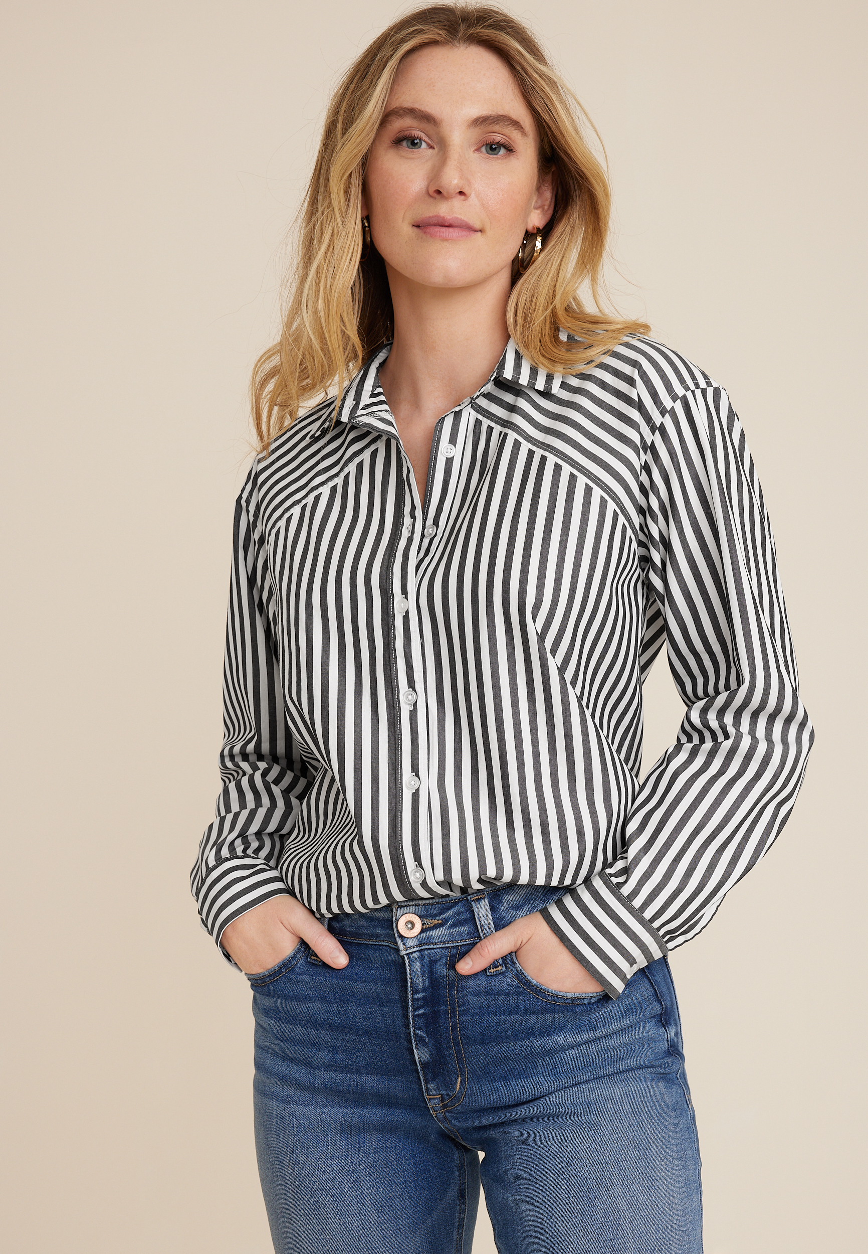 Plus Size 90s Prep Striped Relaxed Button Up Shirt