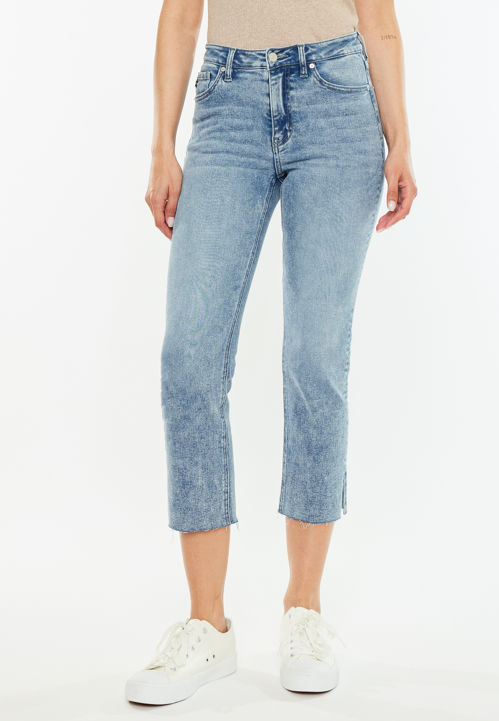 【SCENERITY】Slab Crop Jeans ZENTHACE Women's Mid Rise Stretchy Rhinestone Capri Jeans