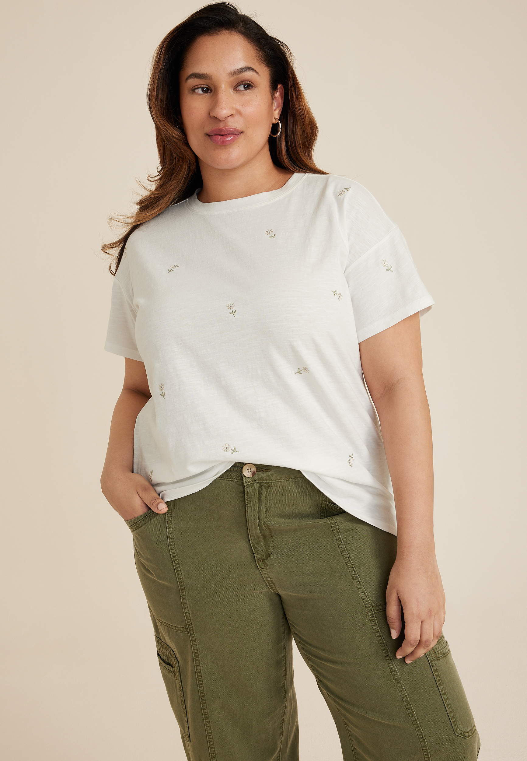 Plus Size 24/7 Dawson Embroidered Floral Crew Neck Tee | maurices