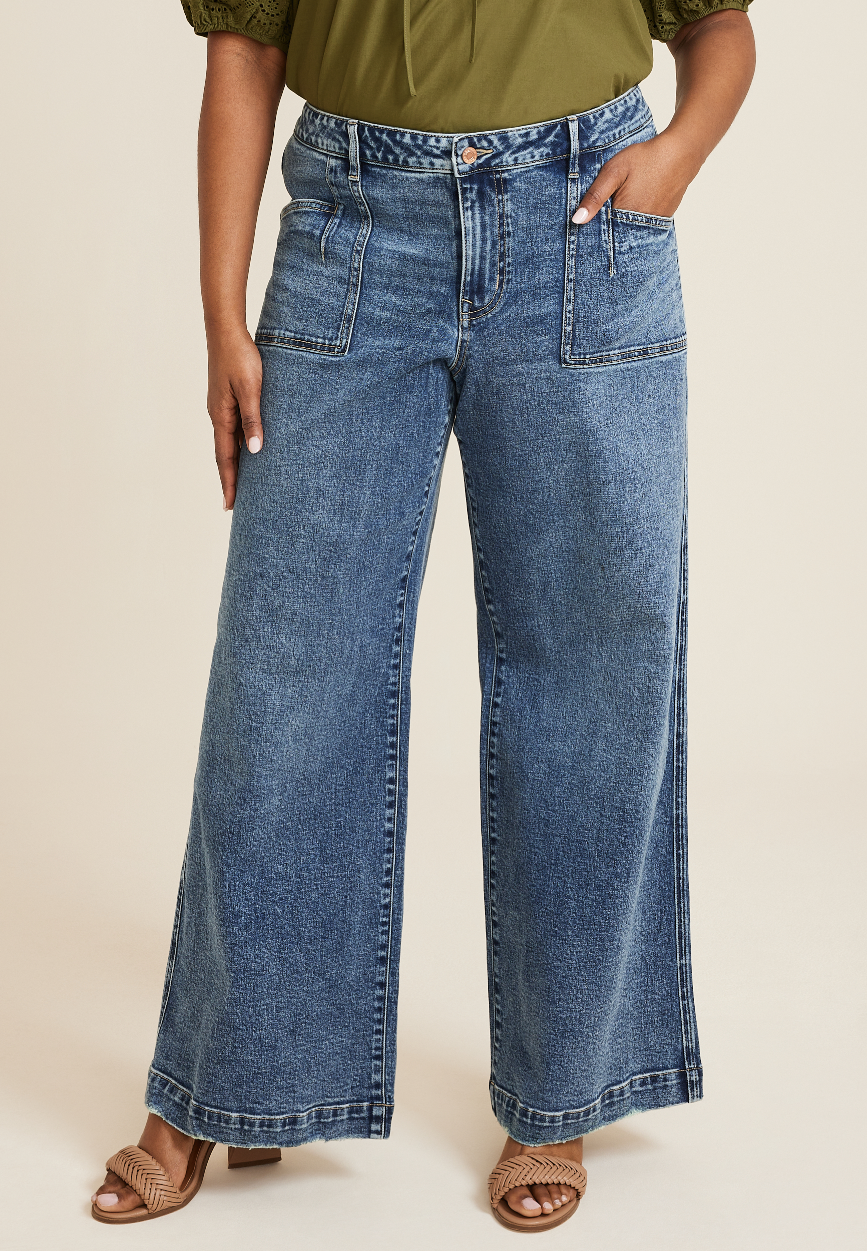 High Rise Slim Wide Leg Jean With Patch Pockets