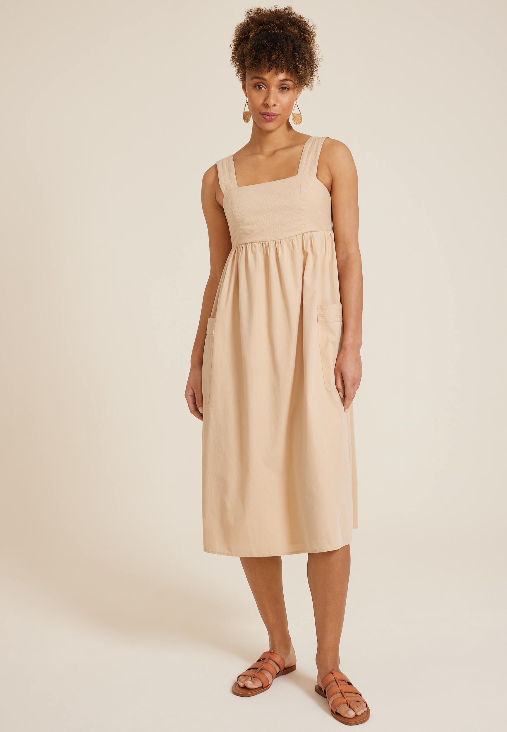 She + Sky Full Size Sleeveless Poplin Woven Midi Dress with Pockets Plus Size