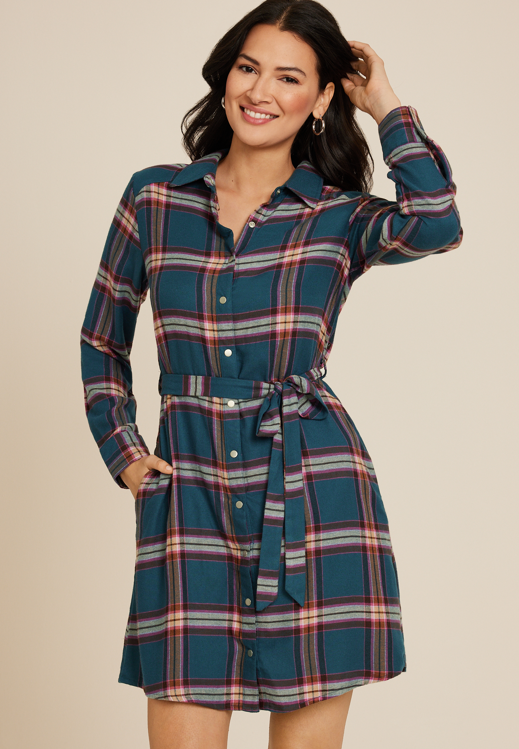 Plaid Tie Waist Mini Shirt Dress | maurices