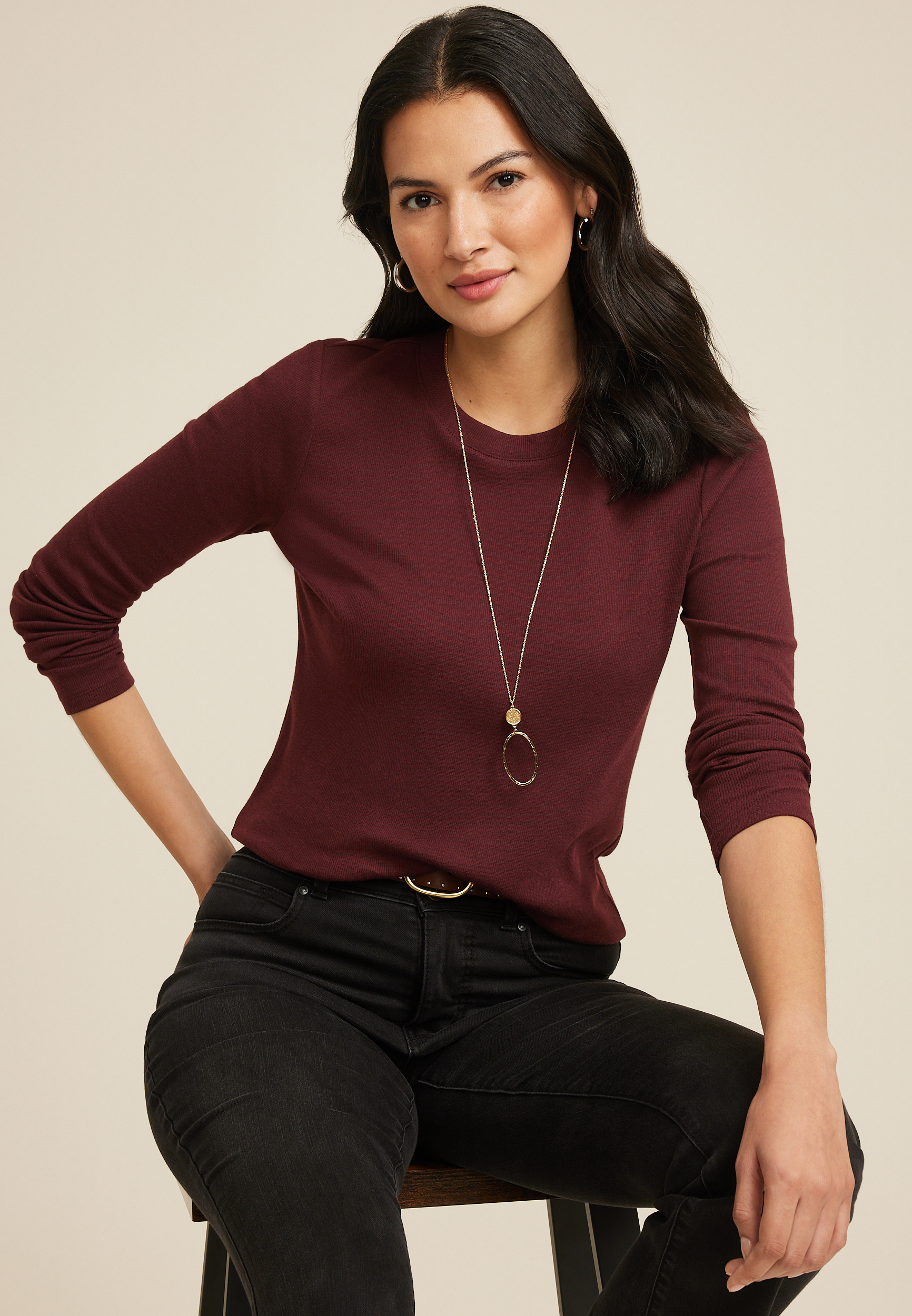 24/7 Ada Ribbed Long Sleeve Tee | maurices