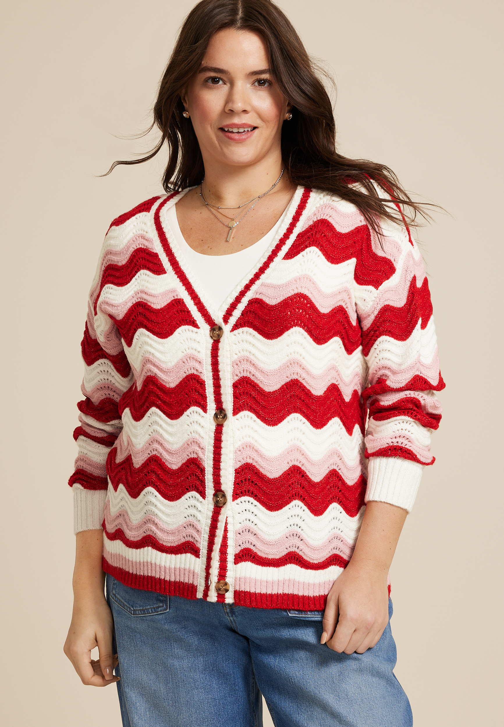 Plus Size Wavy Striped Knit Cardigan