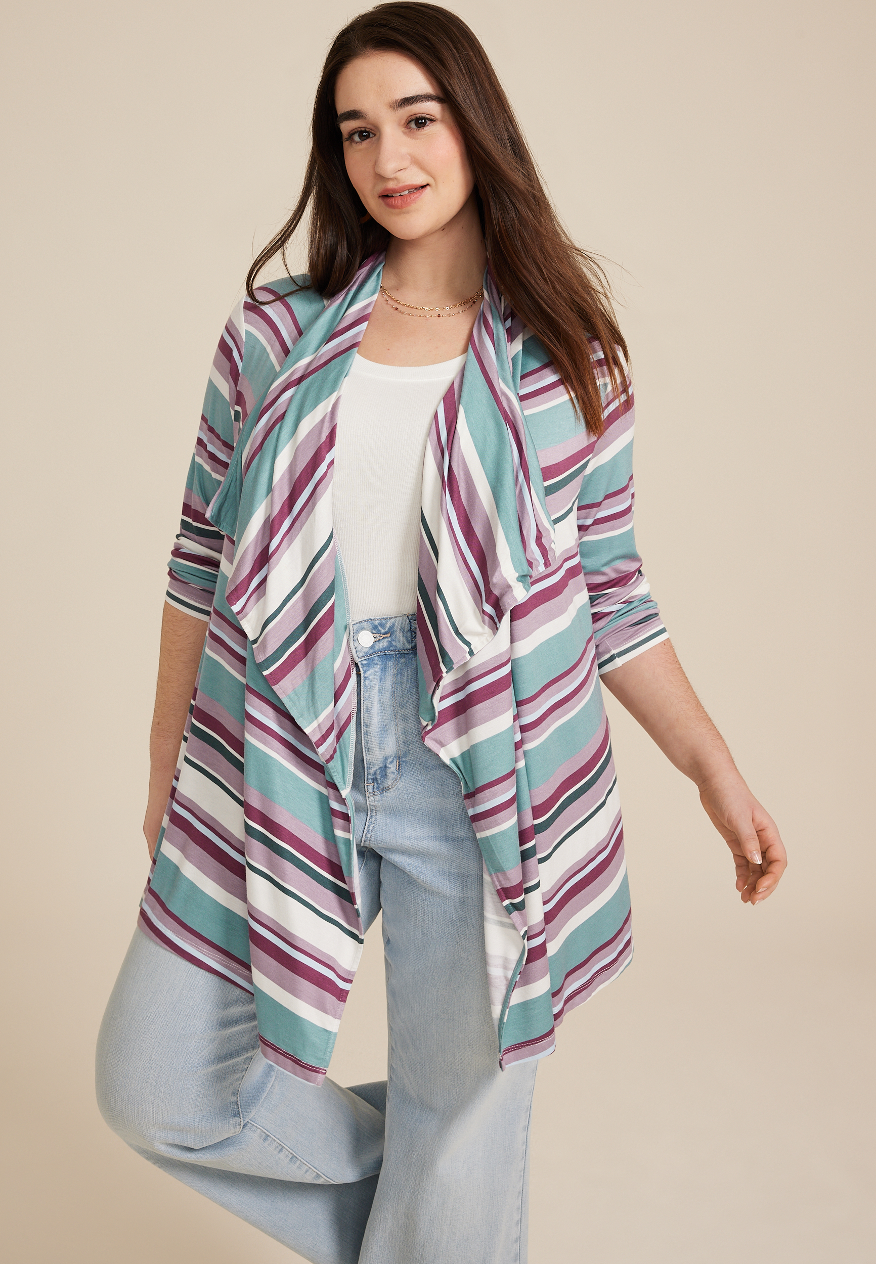 Plus Size Striped Long Sleeve Cardigan