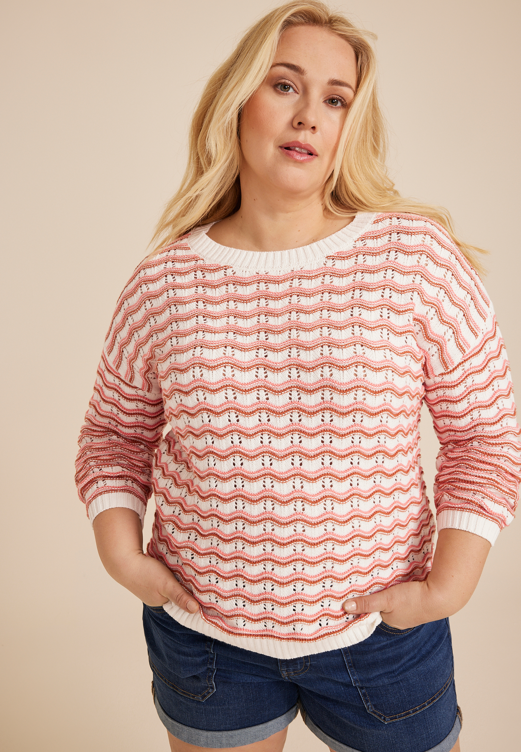 Plus Size Wavy Striped Sweater