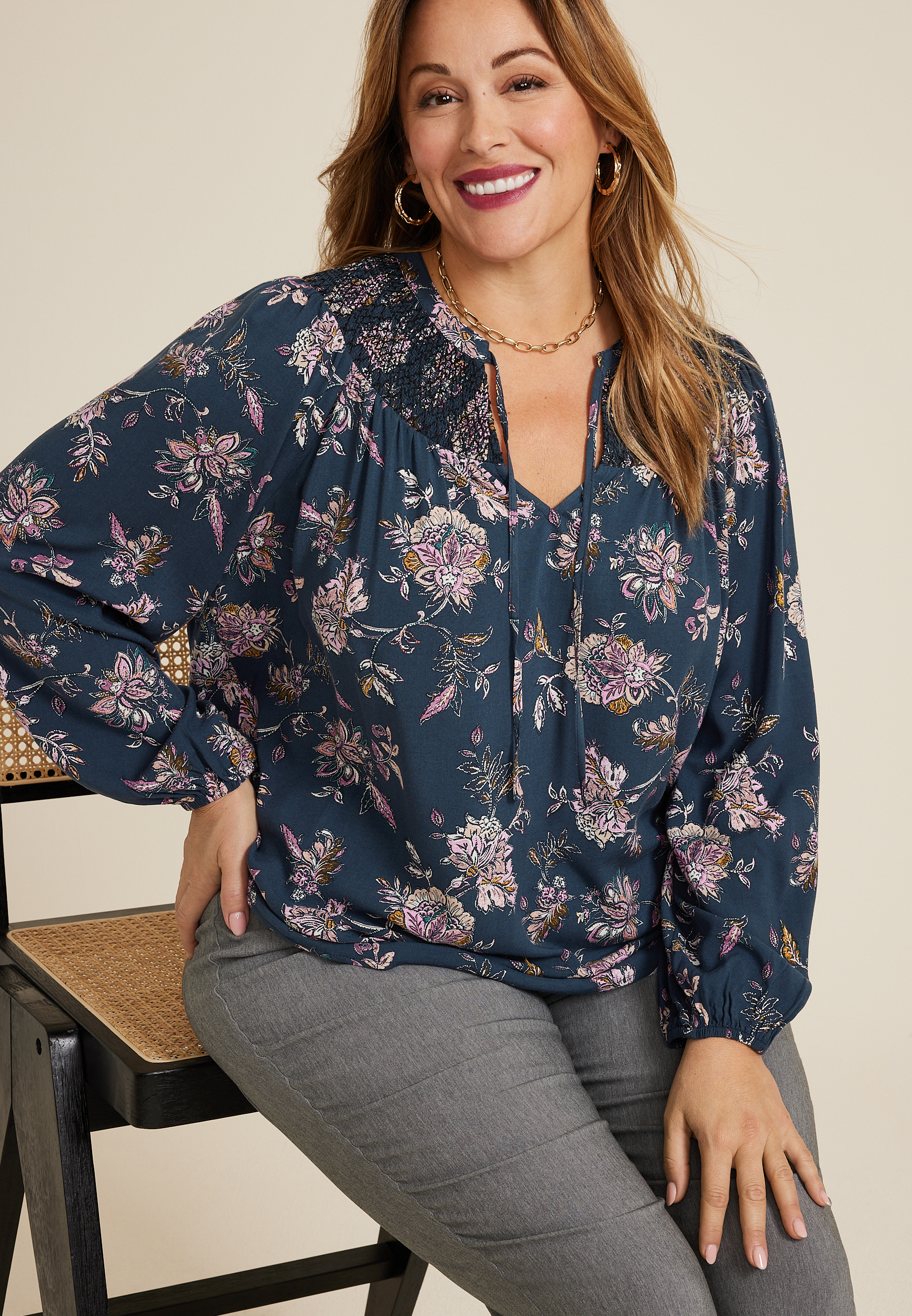 Plus Size Navy Floral Peasant Blouse