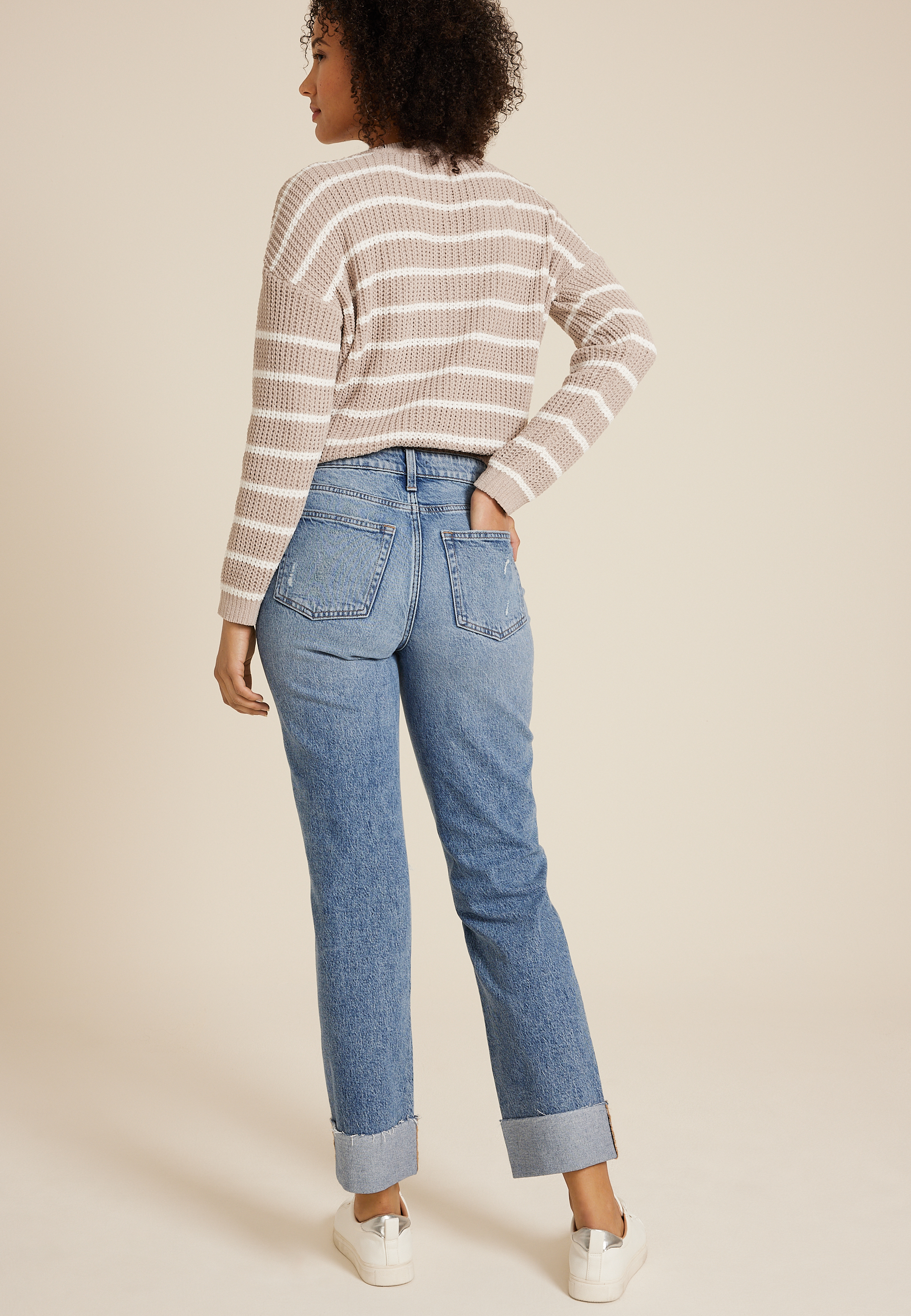 edgely™ High Rise Raw Cuff Hem Relaxed Straight Jean | maurices