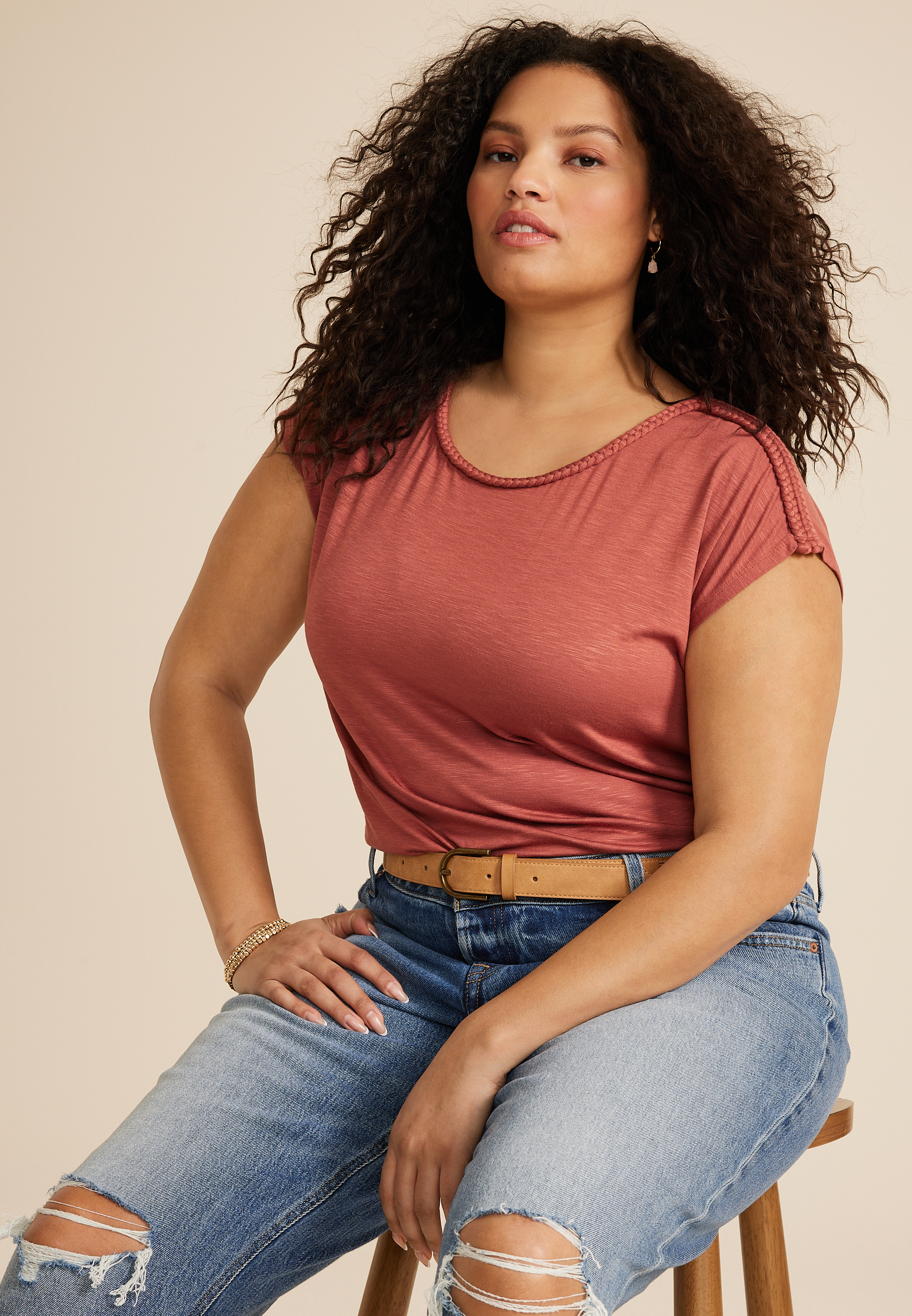 Plus Size Braided Trim Dolman Tee