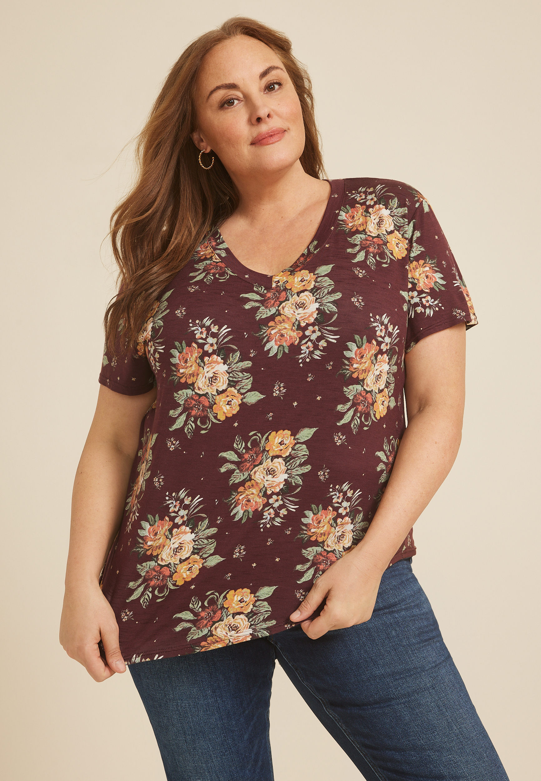 Plus Size 24/7 Floral V Neck Tee