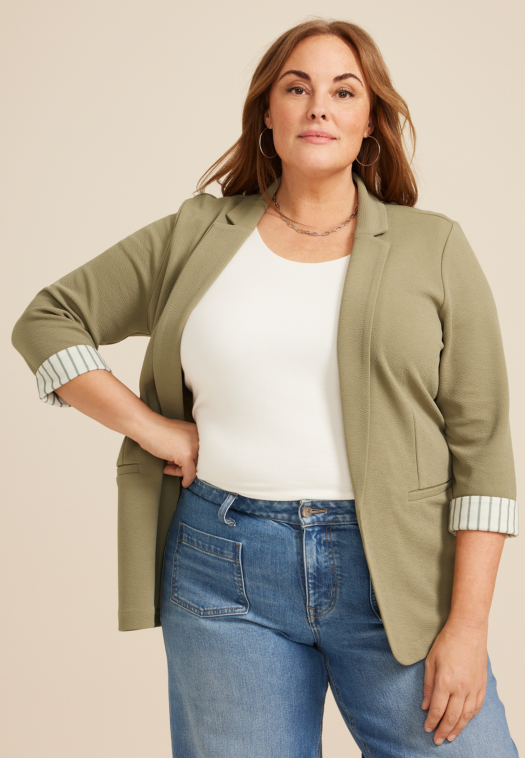 Plus Size Versa Striped Cuff Open Front Blazer