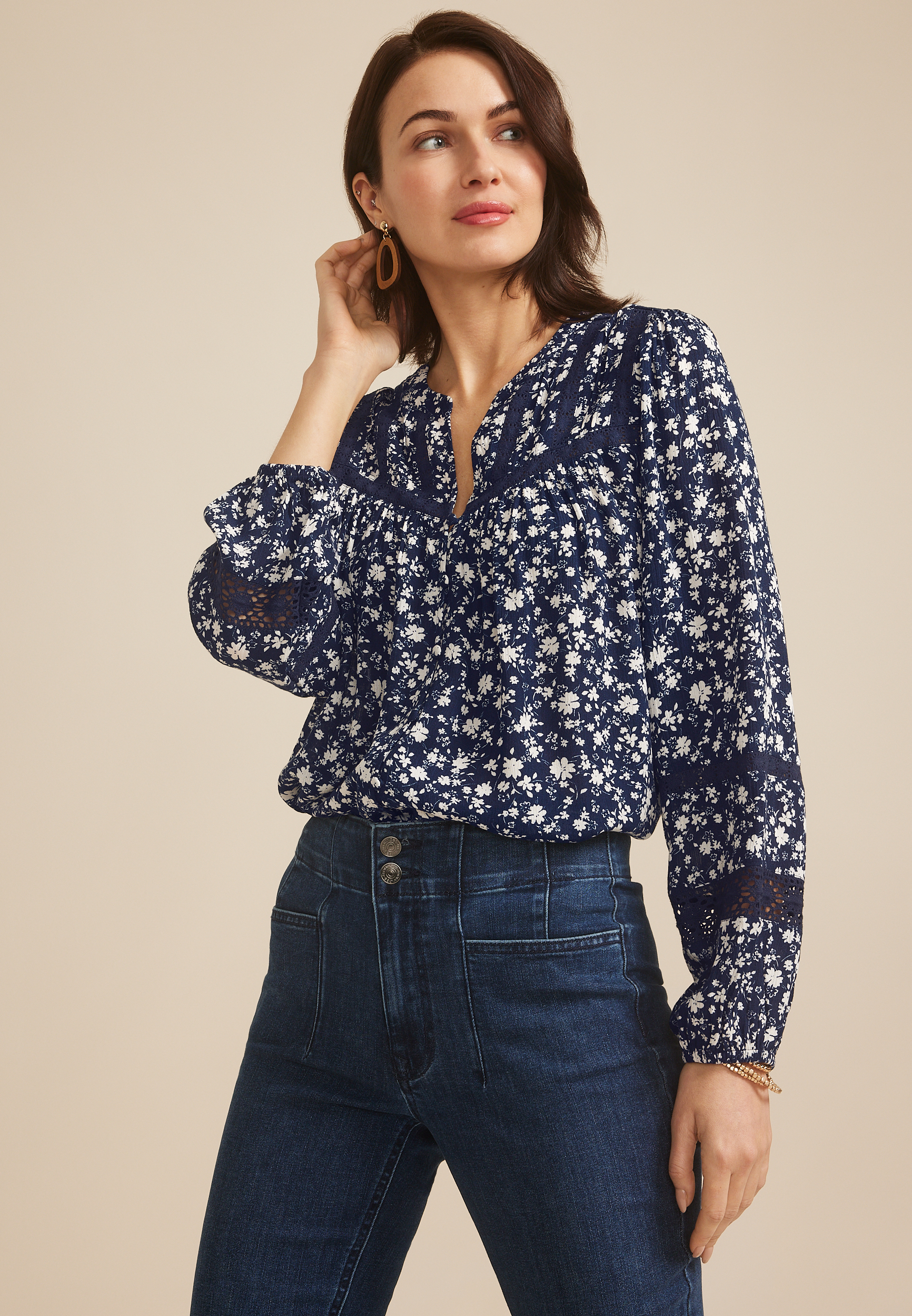 Floral Crochet Trim Button Front Blouse