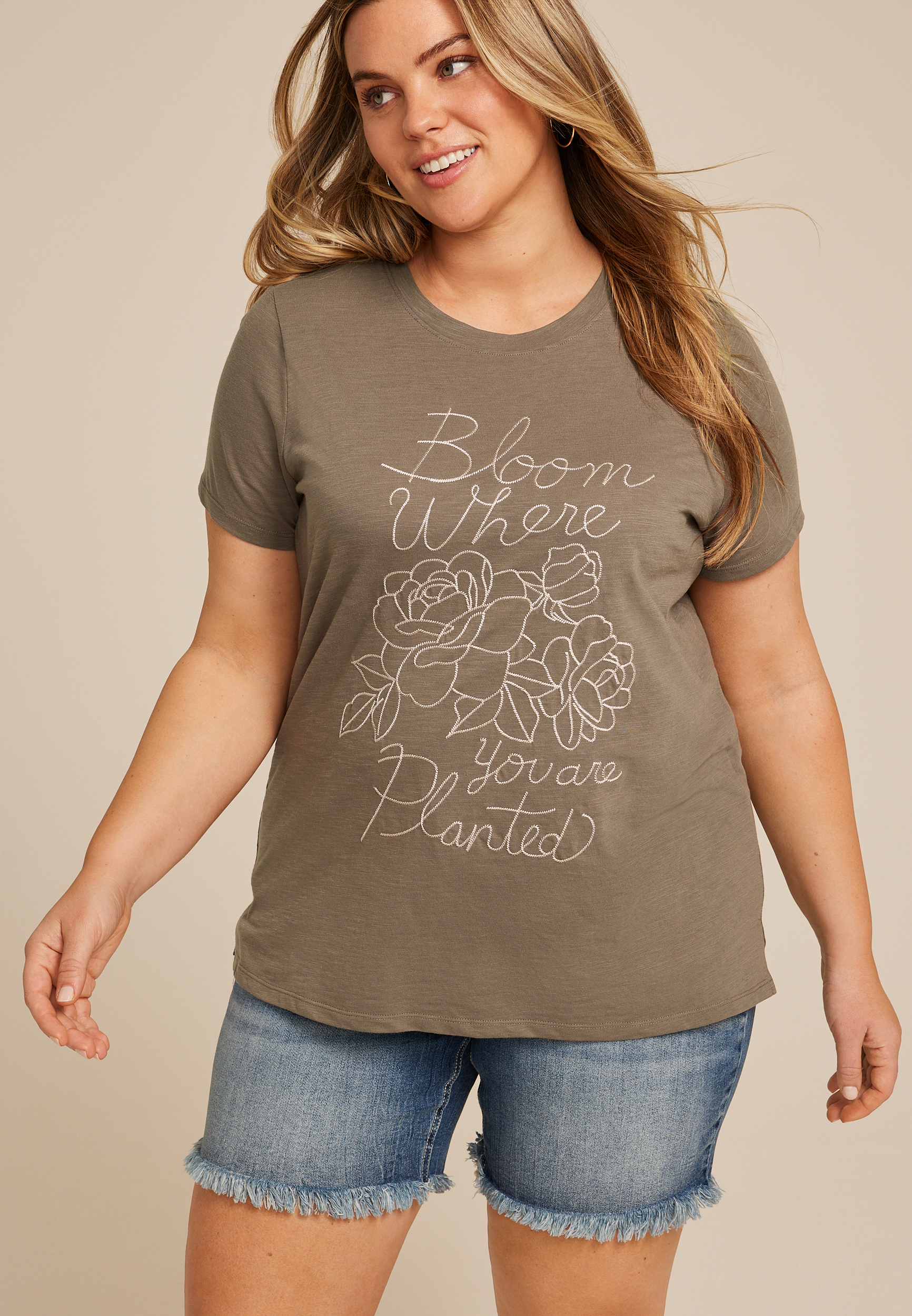Plus Size Embroidered Bloom Where You Are Planted Classic Fit Graphic Tee