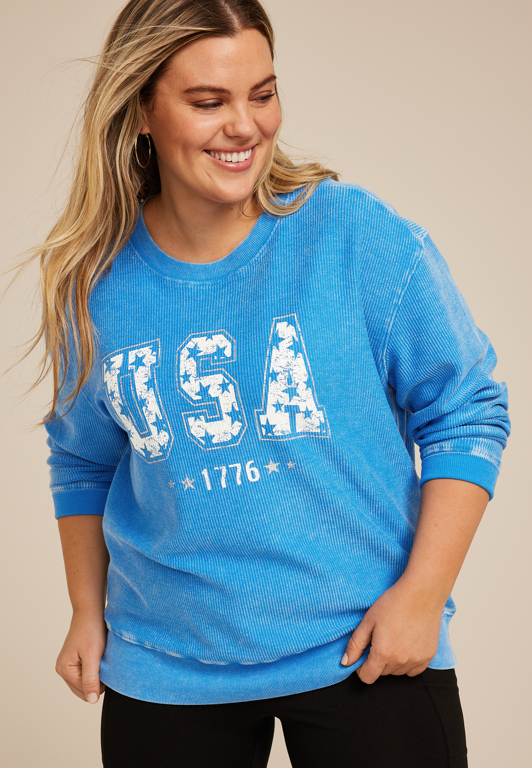 Plus Size Americana Corded Crew Neck Sweatshirt