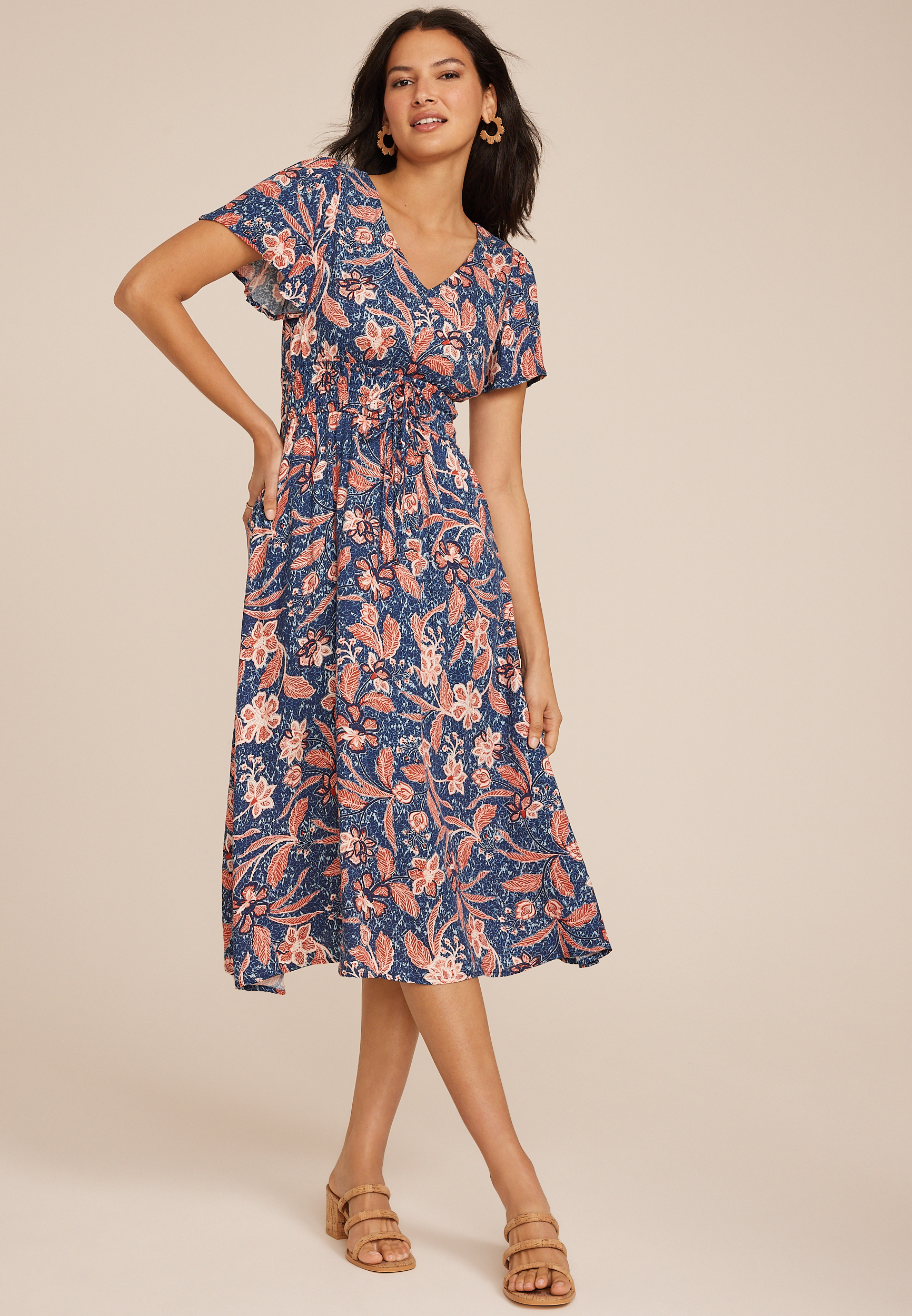 Floral V Neck Hanky Hem Midi Dress