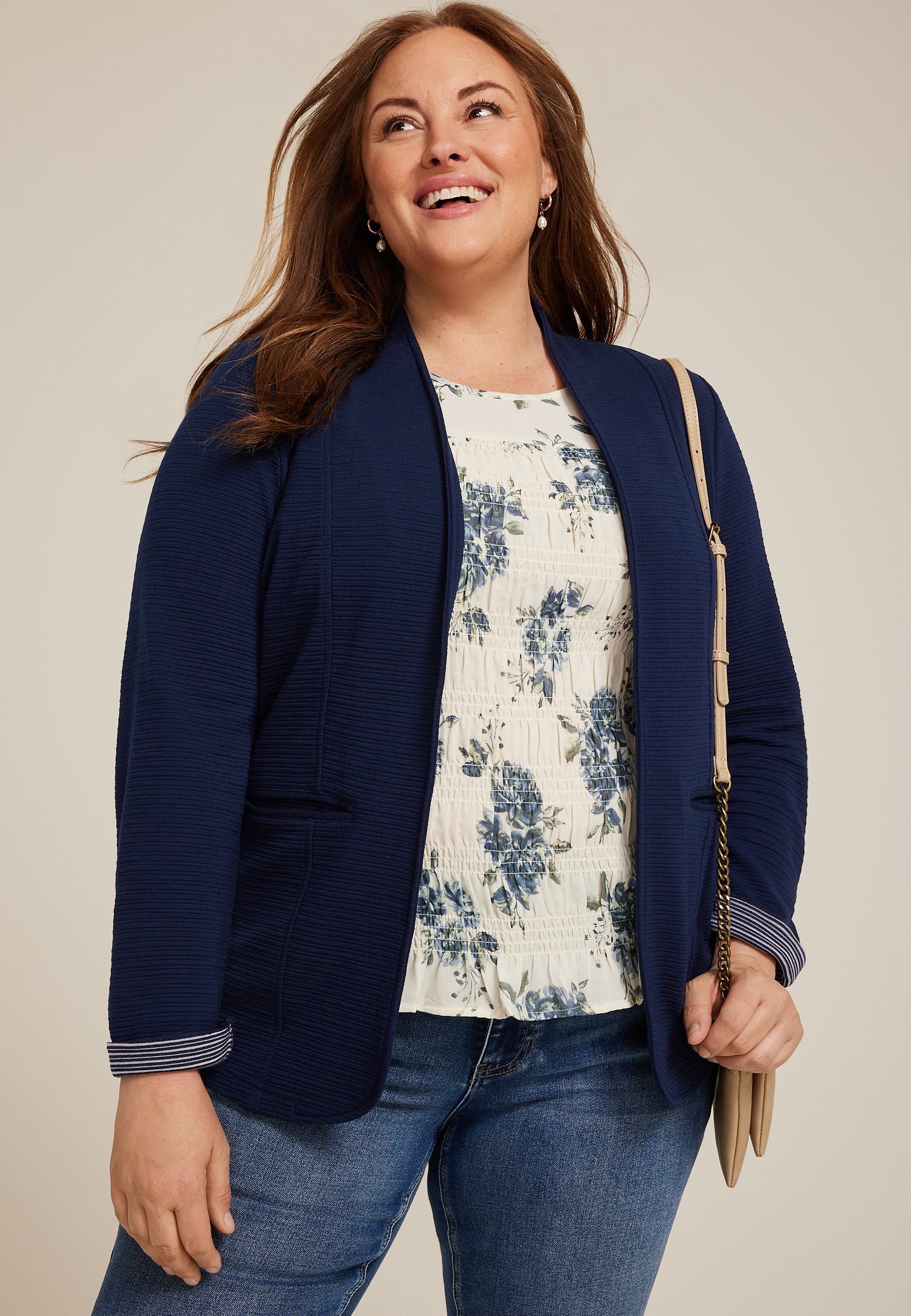 Plus Size Collarless Knit Open Front Blazer