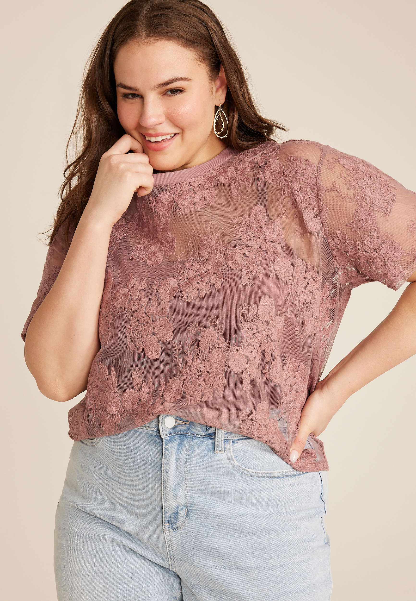 Plus Size Floral Embroidered Mesh Blouse