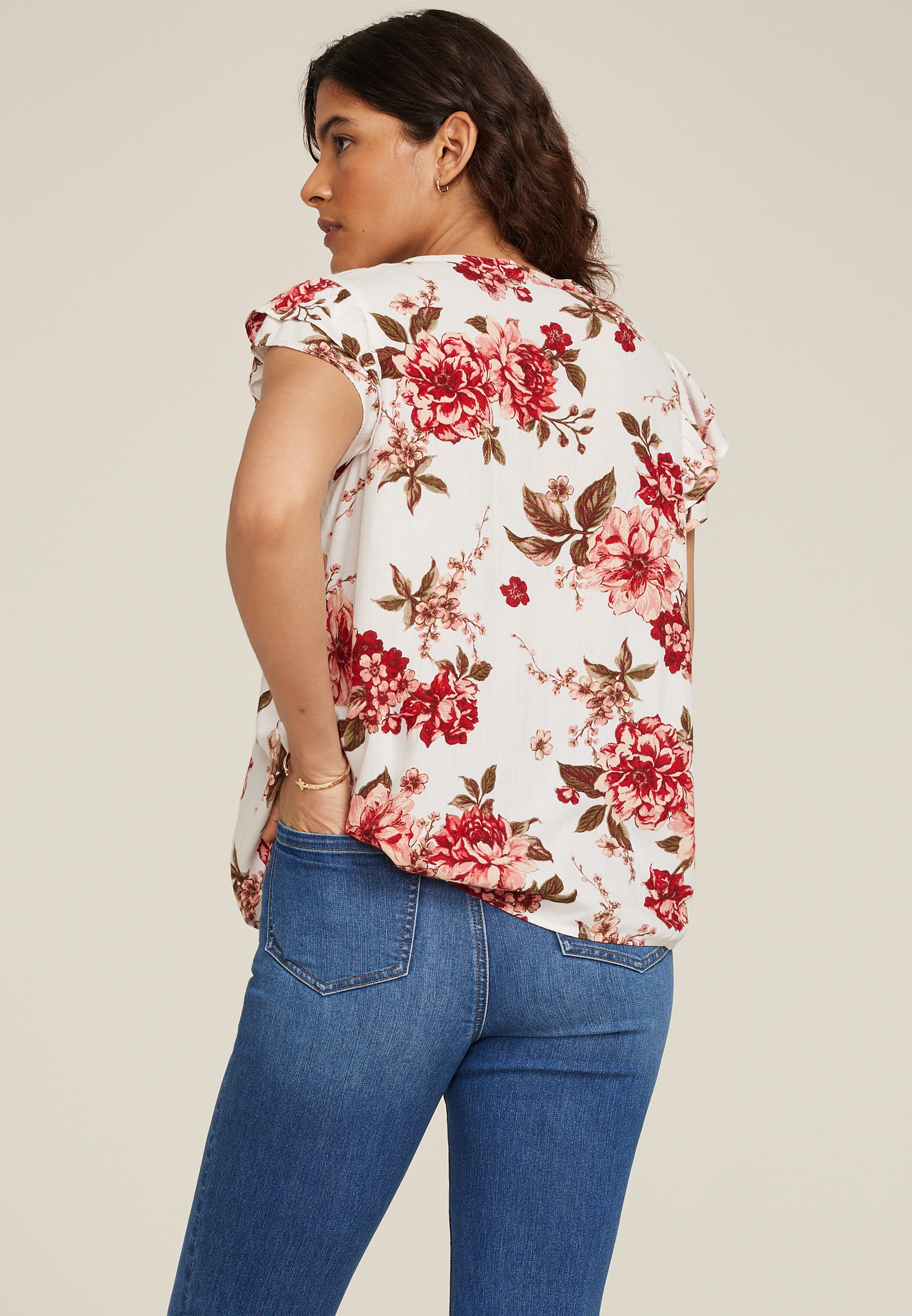 Floral Double Flutter Short Sleeve Blouse | maurices
