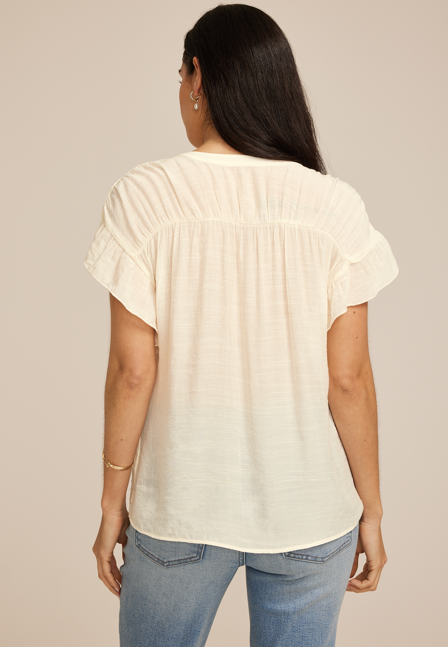 Ruffle Short Sleeve Button Down Shirt | maurices